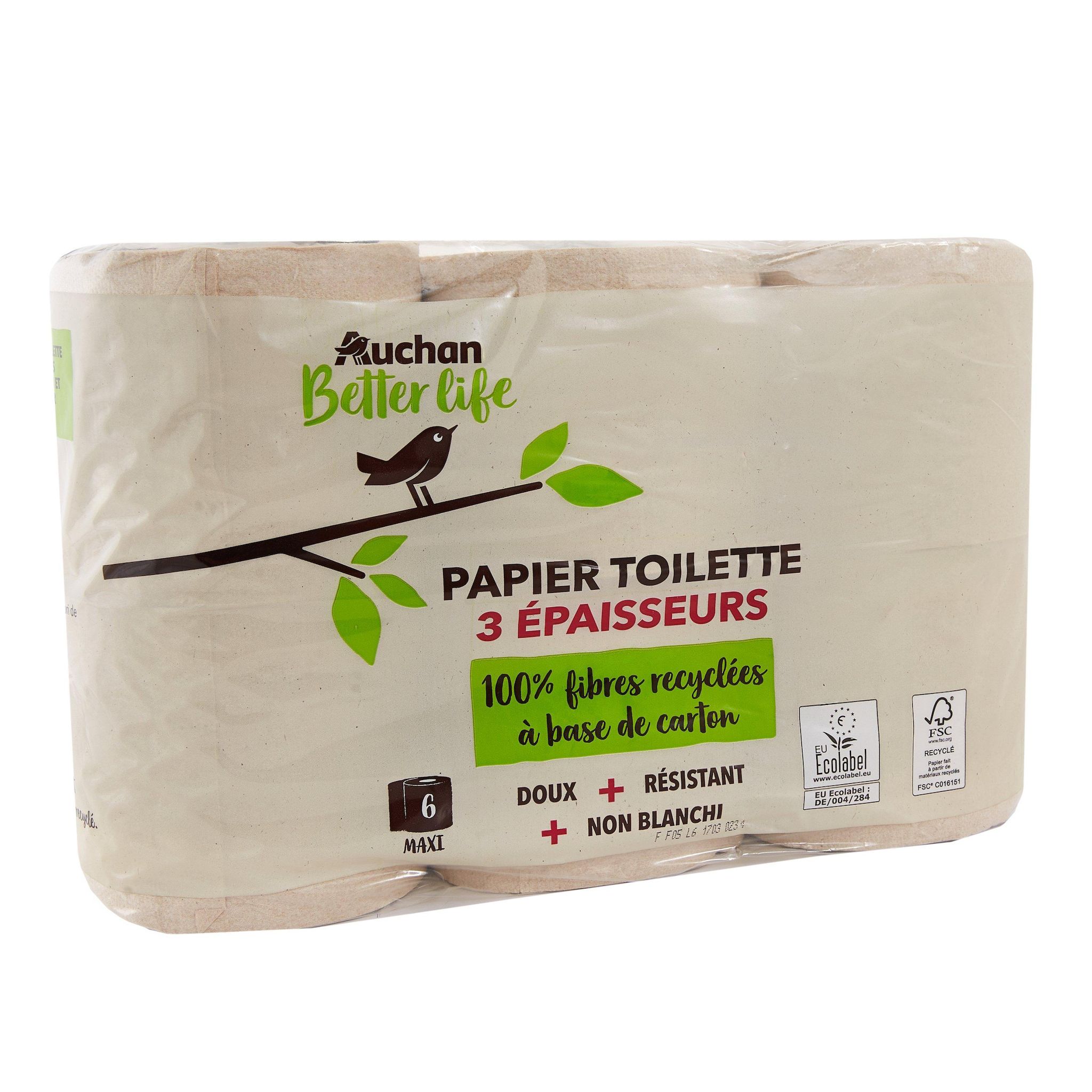 Voir la diapositive 2 : AUCHAN BETTER LIFE Papier toilette non blanchi 3 épaisseurs 6 maxi rouleaux