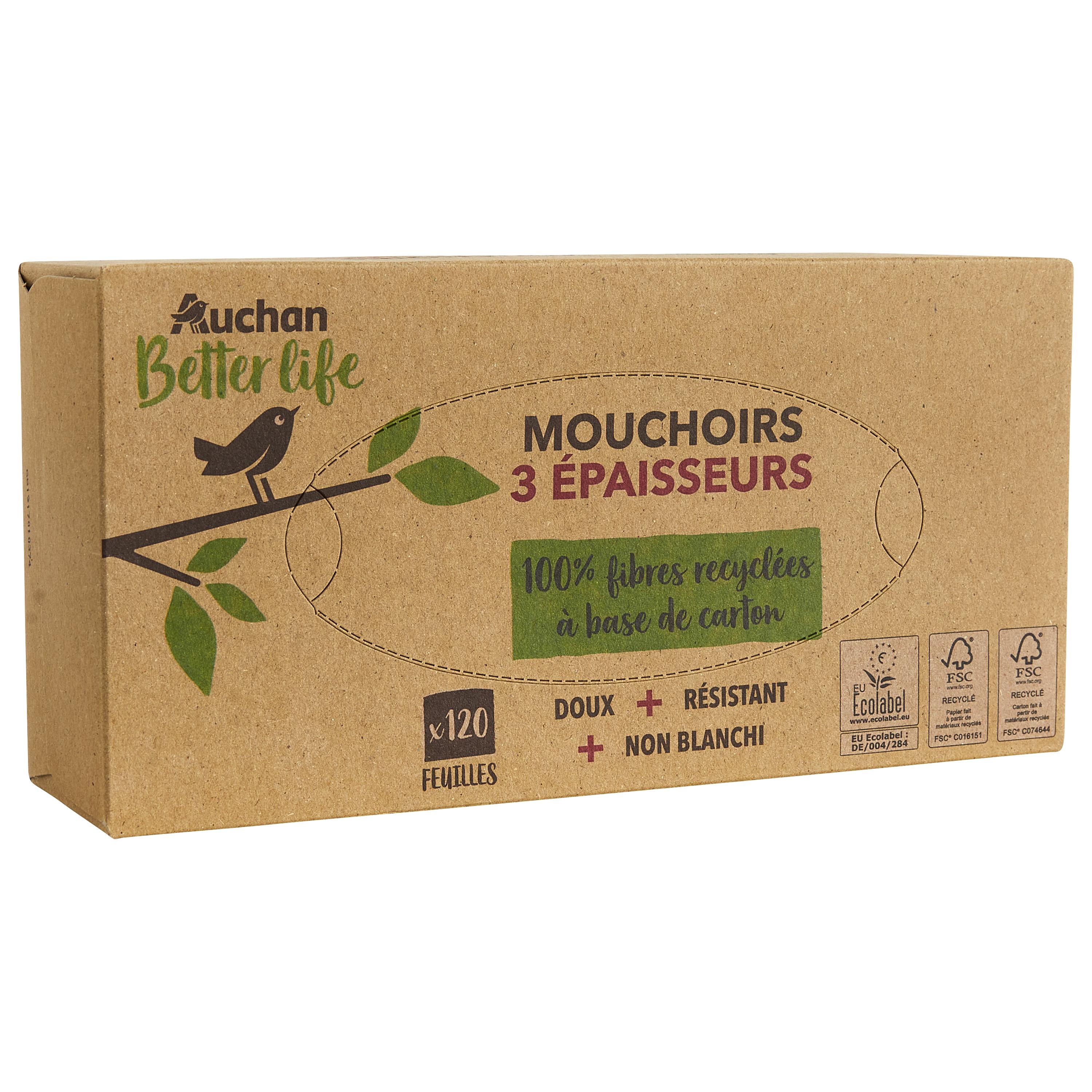 Voir la diapositive 2 : AUCHAN BETTER LIFE Boîte de mouchoirs 3 épaisseurs 120 mouchoirs