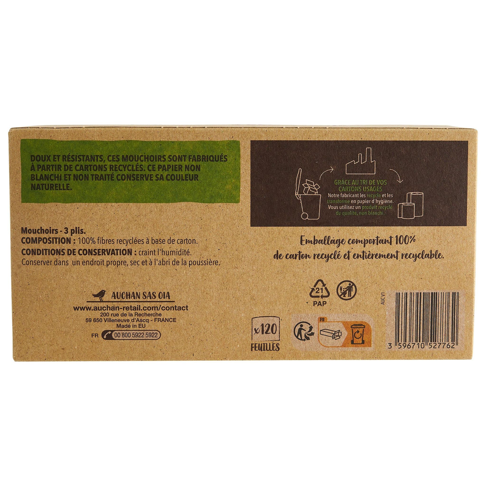 Voir la diapositive 2 : AUCHAN BETTER LIFE Boîte de mouchoirs 3 épaisseurs 120 mouchoirs