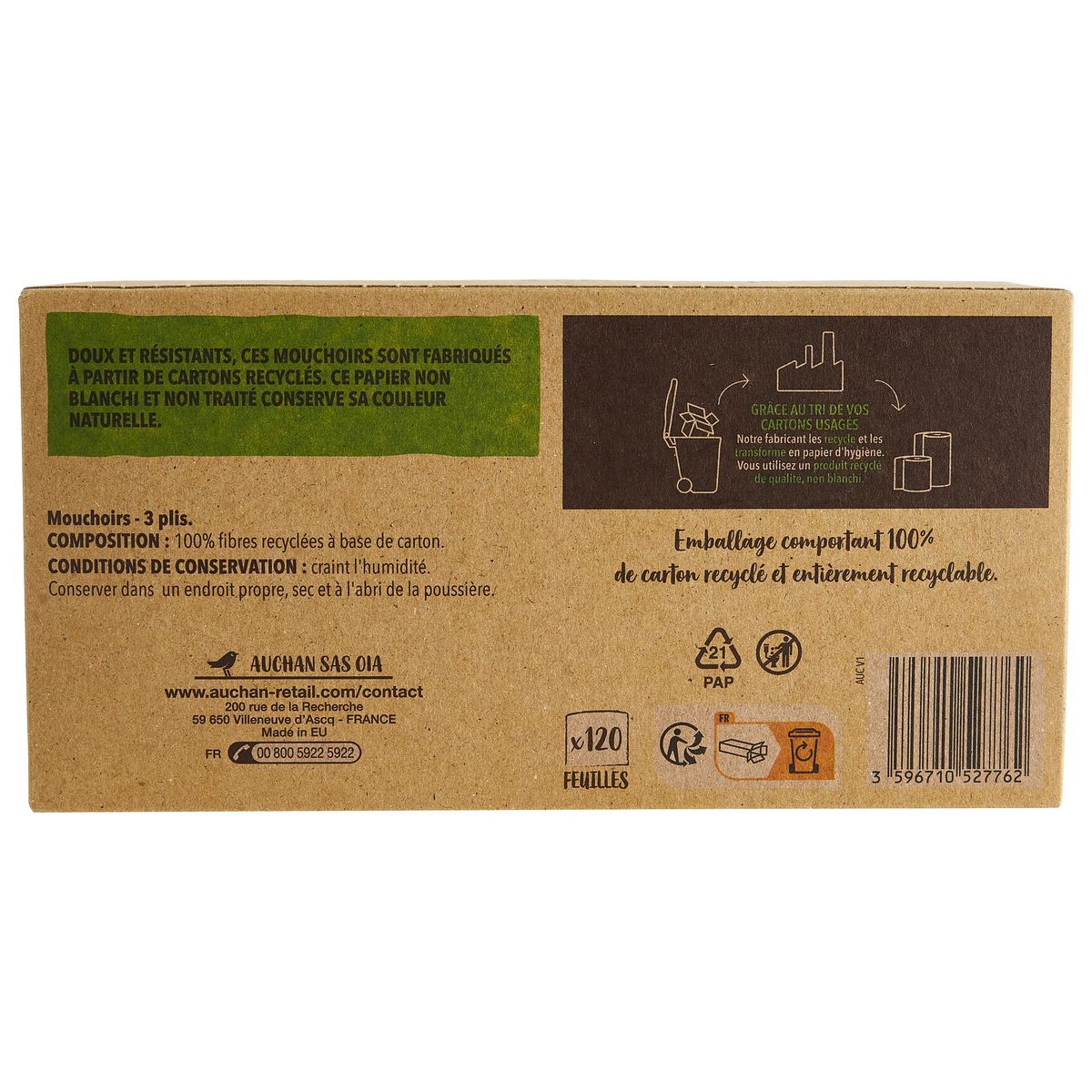 AUCHAN BETTER LIFE Boîte de mouchoirs 3 épaisseurs 120 mouchoirs