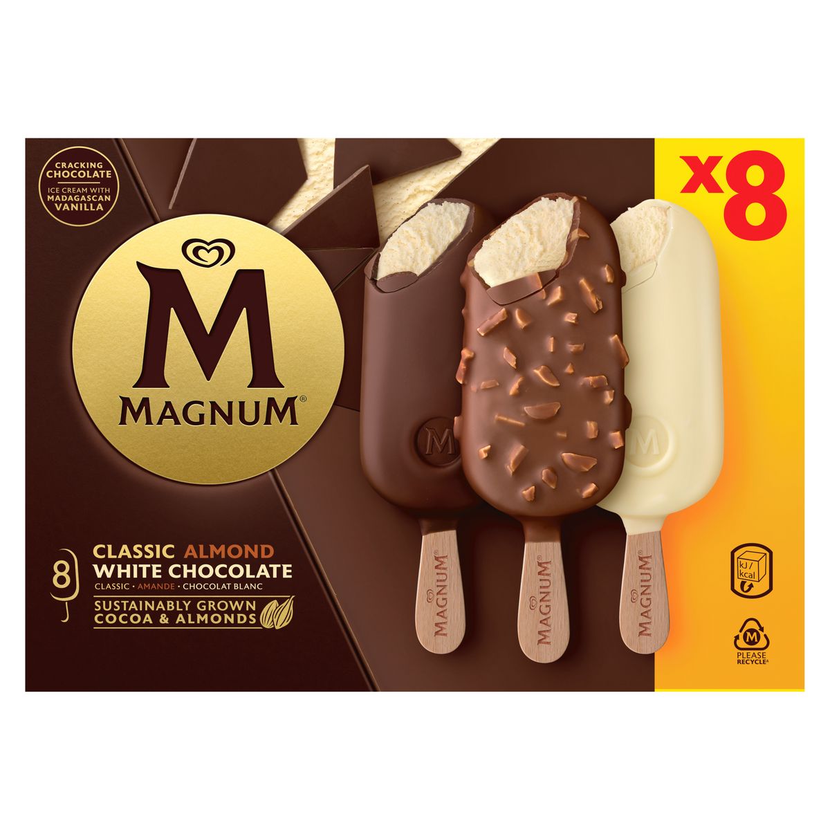 MAGNUM Bâtonnets glacés classique amandes et chocolat blanc 8 pièces 572g