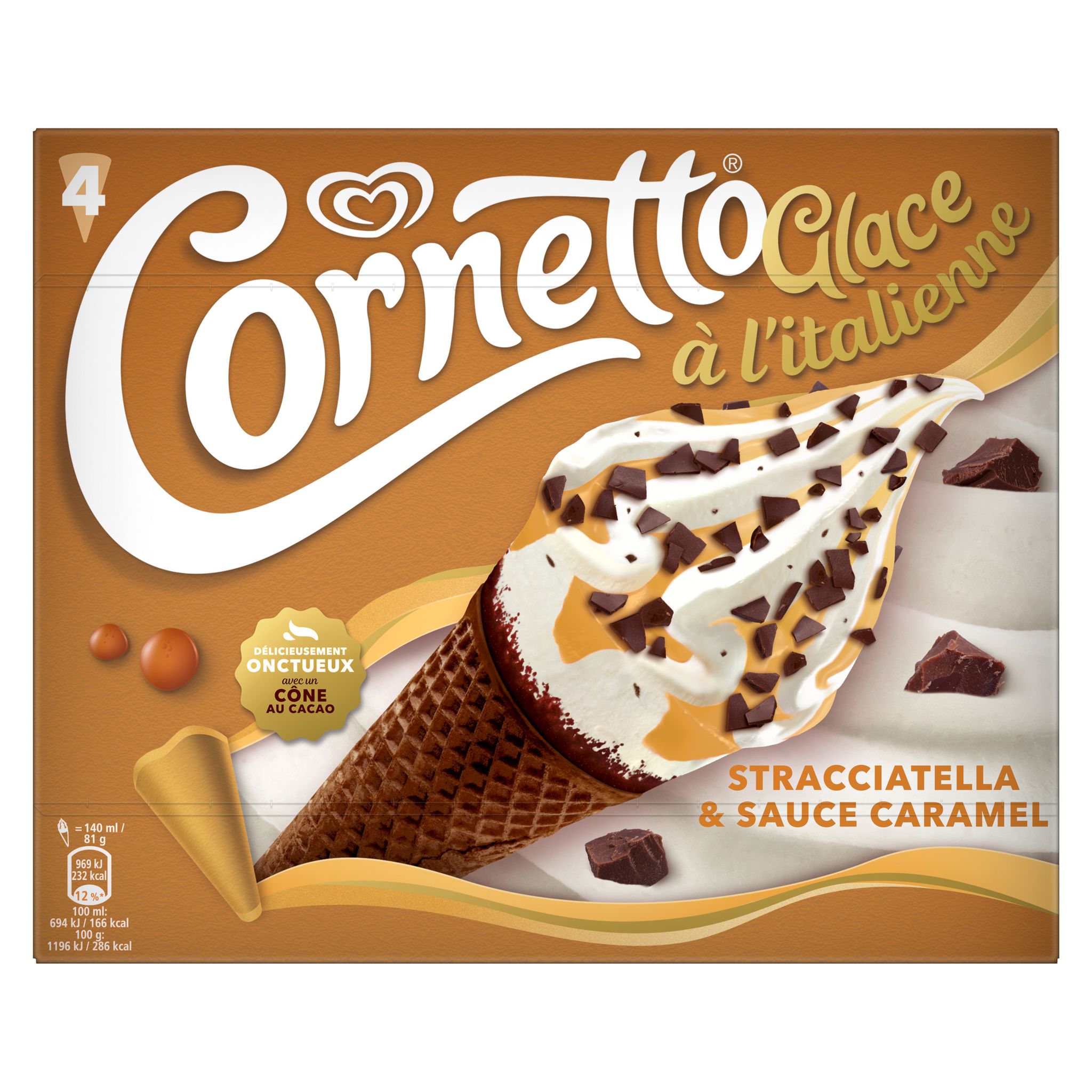 Voir la diapositive 2 : CORNETTO Glace à l'italienne stracciatella sauce caramel 4 pièces 324g