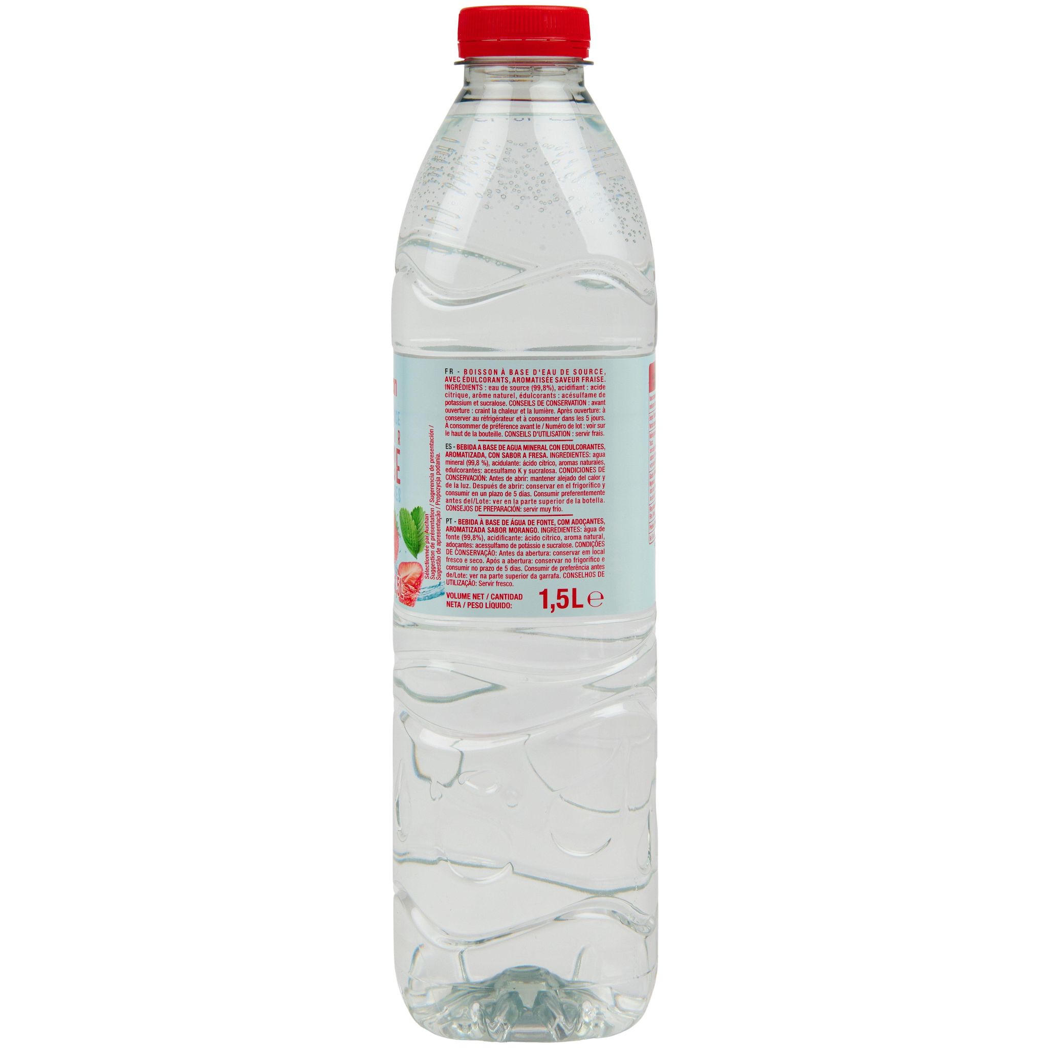 Voir la diapositive 2 : AUCHAN Eau de source aromatisée fraise sans sucres 1.5l