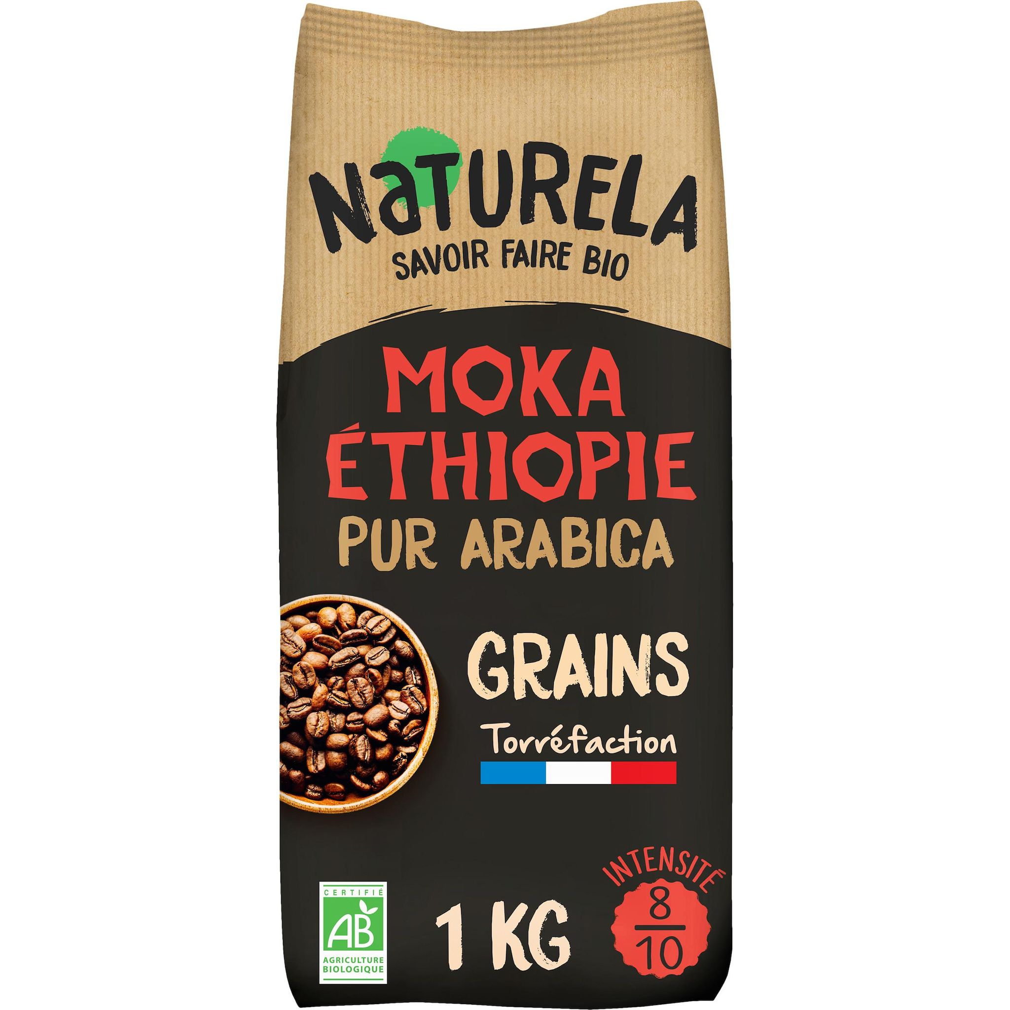 Voir la diapositive 2 : NATURELA Café en grains bio Moka Ethiopie pur arabica Intensité 8 1kg