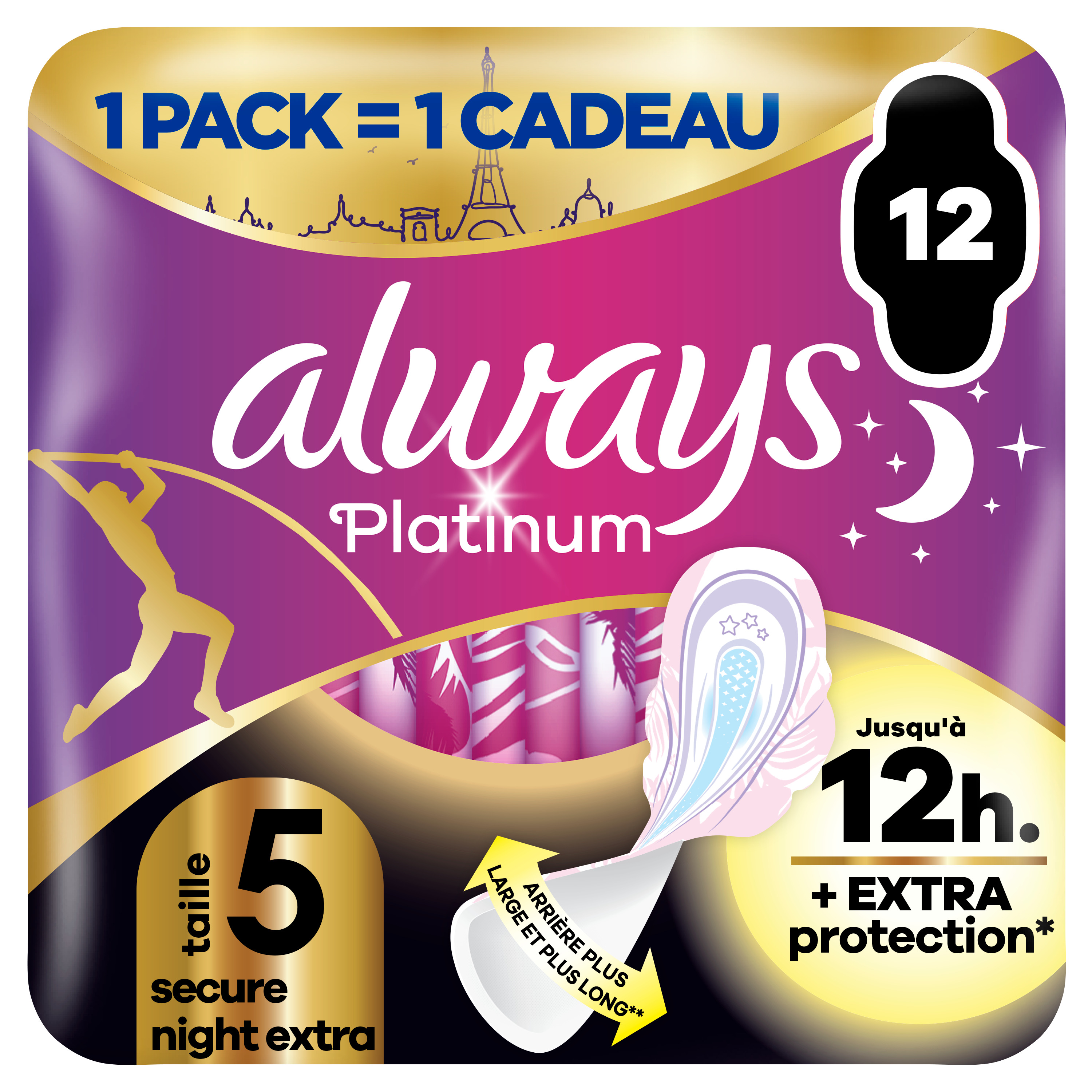 Voir la diapositive 2 : ALWAYS Platinum secure night Serviettes hygiéniques nuit extra avec ailettes taille 5 12 serviettes