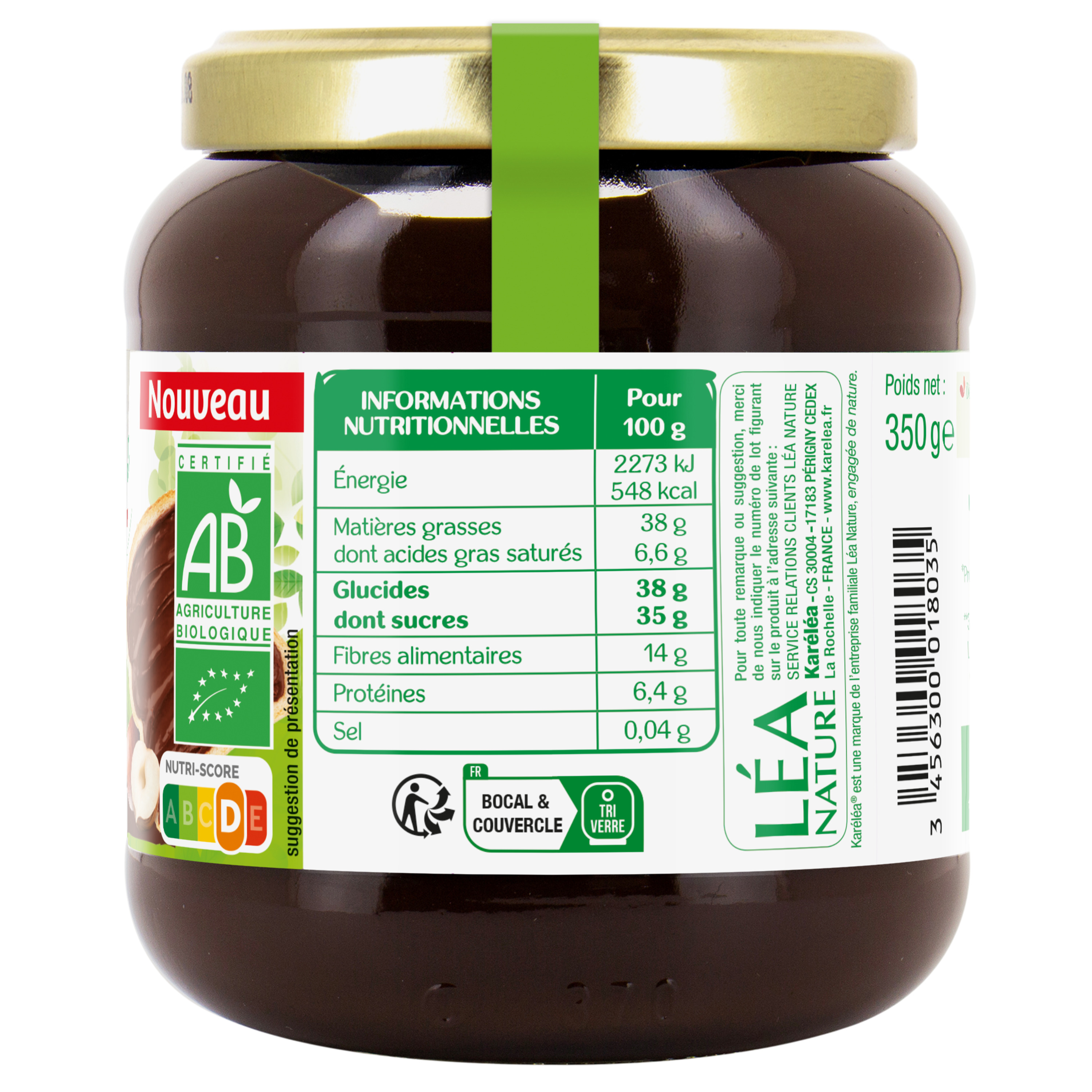 Voir la diapositive 2 : KARELEA Pâte à tartiner au cacao goût noisette bio sans huile de palme 350g