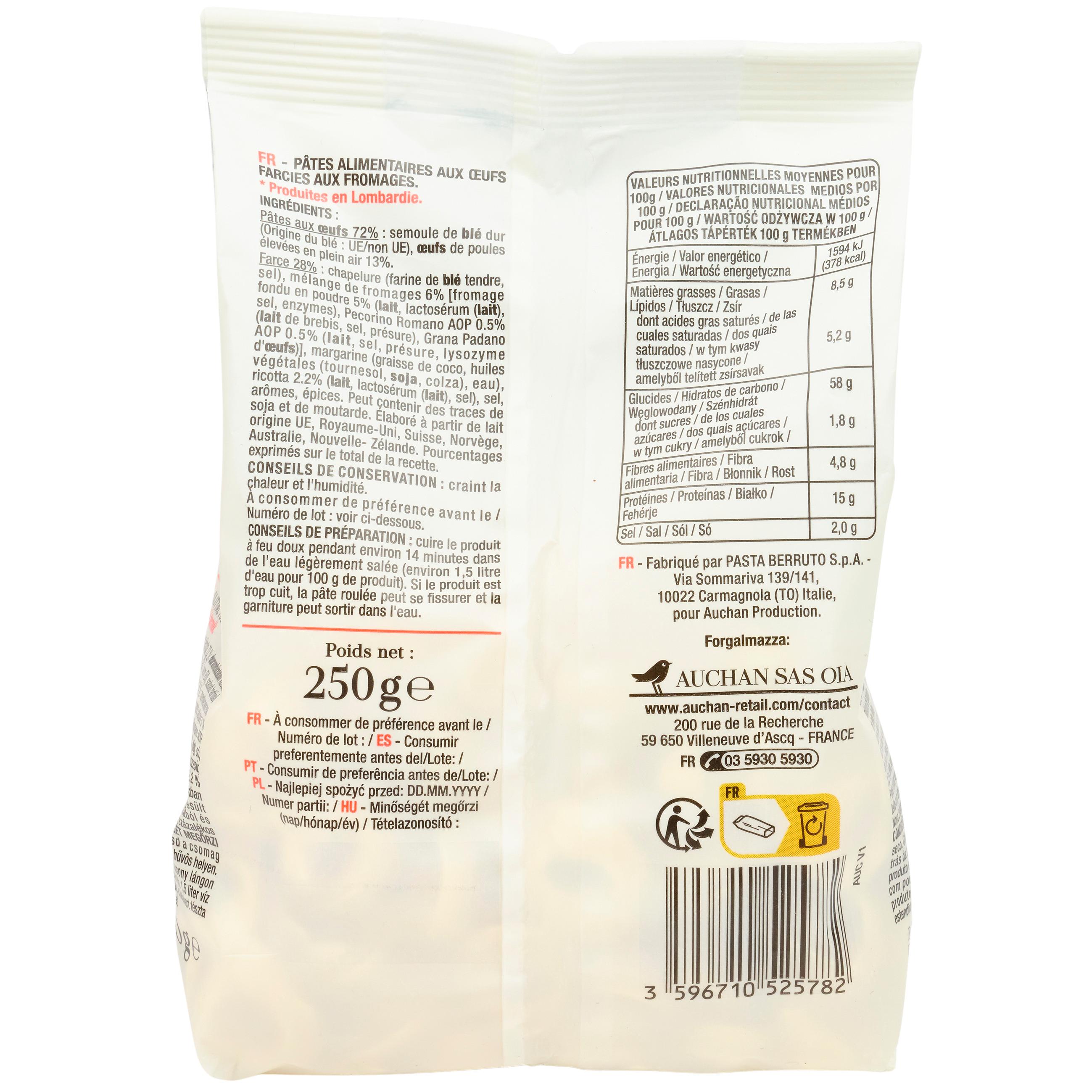 Voir la diapositive 2 : AUCHAN TAVOLA IN ITALIA Pâtes Tortellini 3 fromages 250g