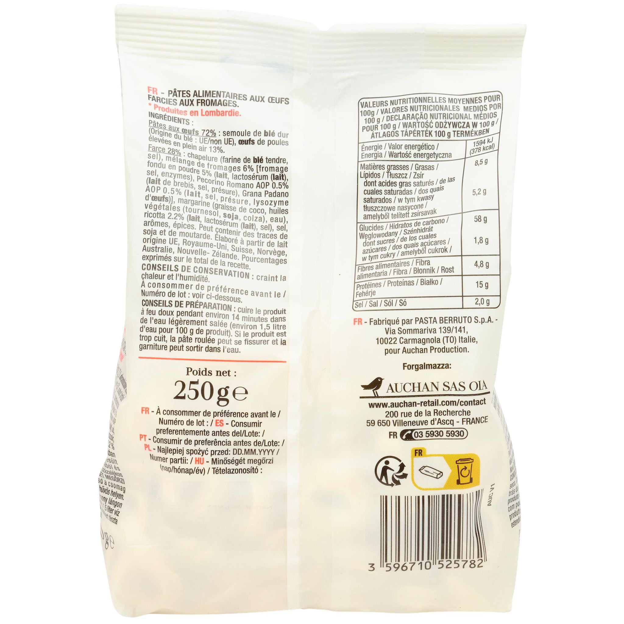 Voir la diapositive 2 : AUCHAN TAVOLA IN ITALIA Pâtes Tortellini 3 fromages 250g