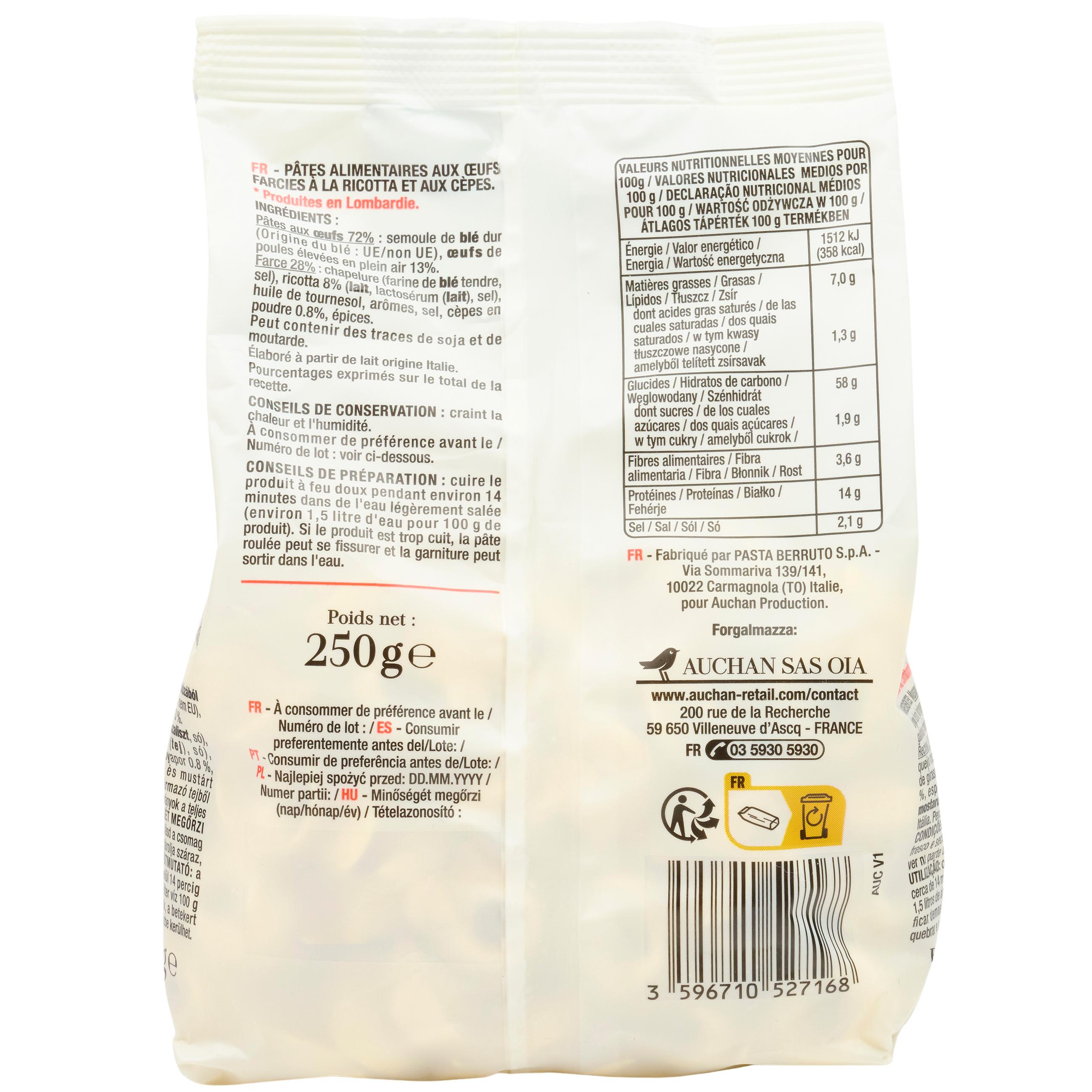 Voir la diapositive 4 : AUCHAN TAVOLA IN ITALIA Pâtes Tortellini ricotta funghi 250g