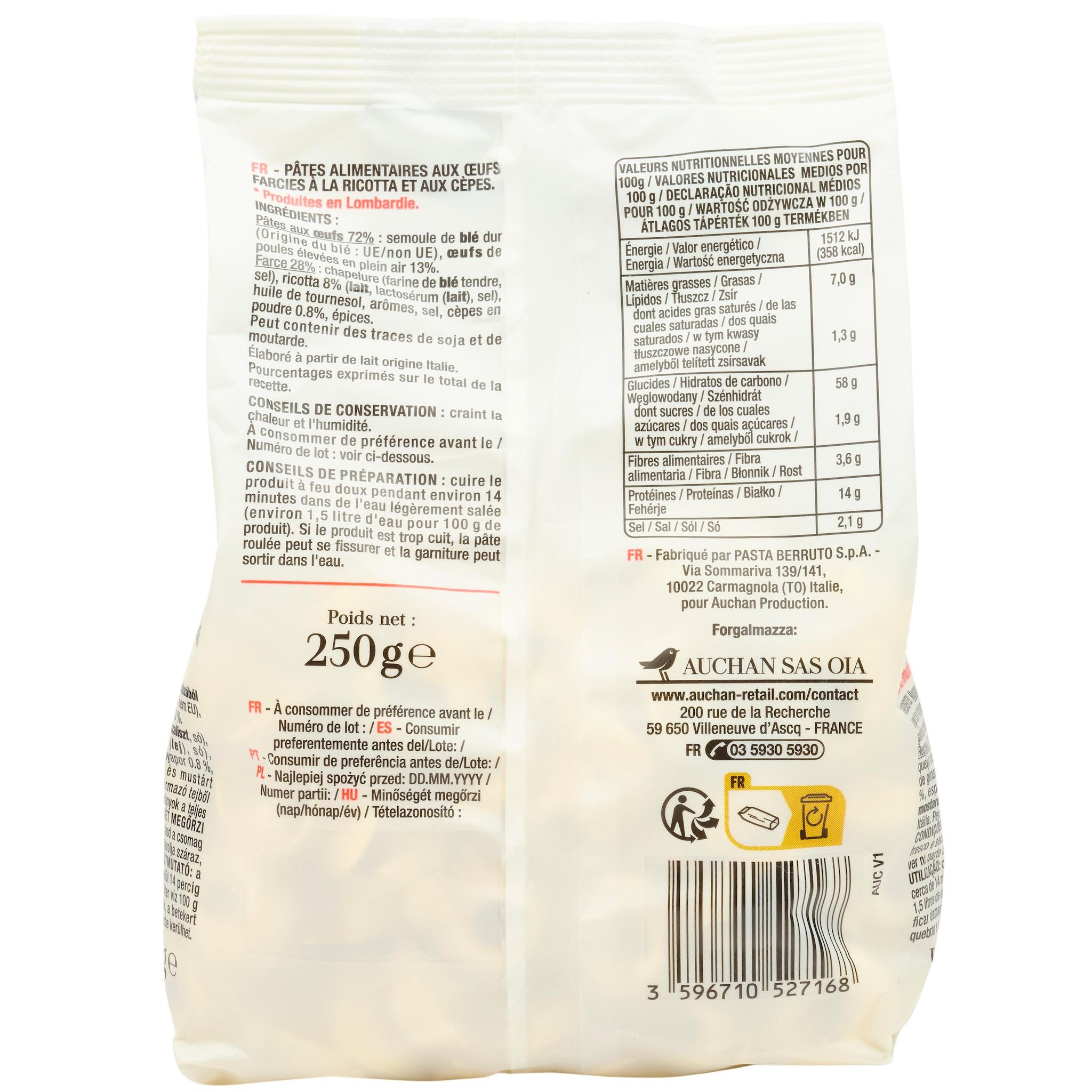 Voir la diapositive 5 : AUCHAN TAVOLA IN ITALIA Pâtes Tortellini ricotta funghi 250g