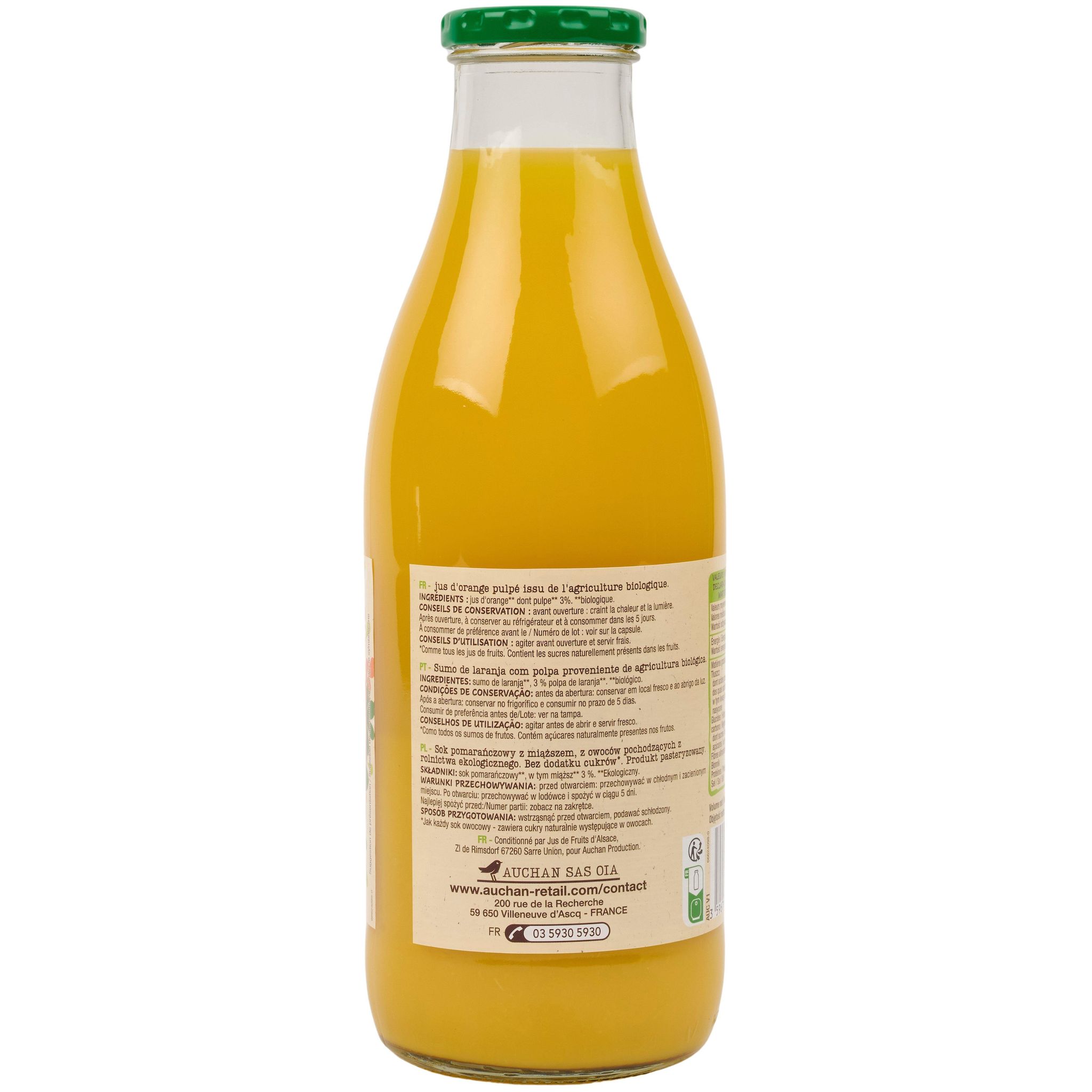 Voir la diapositive 3 : AUCHAN BIO Pur jus d'orange avec pulpe bio bouteille 1l
