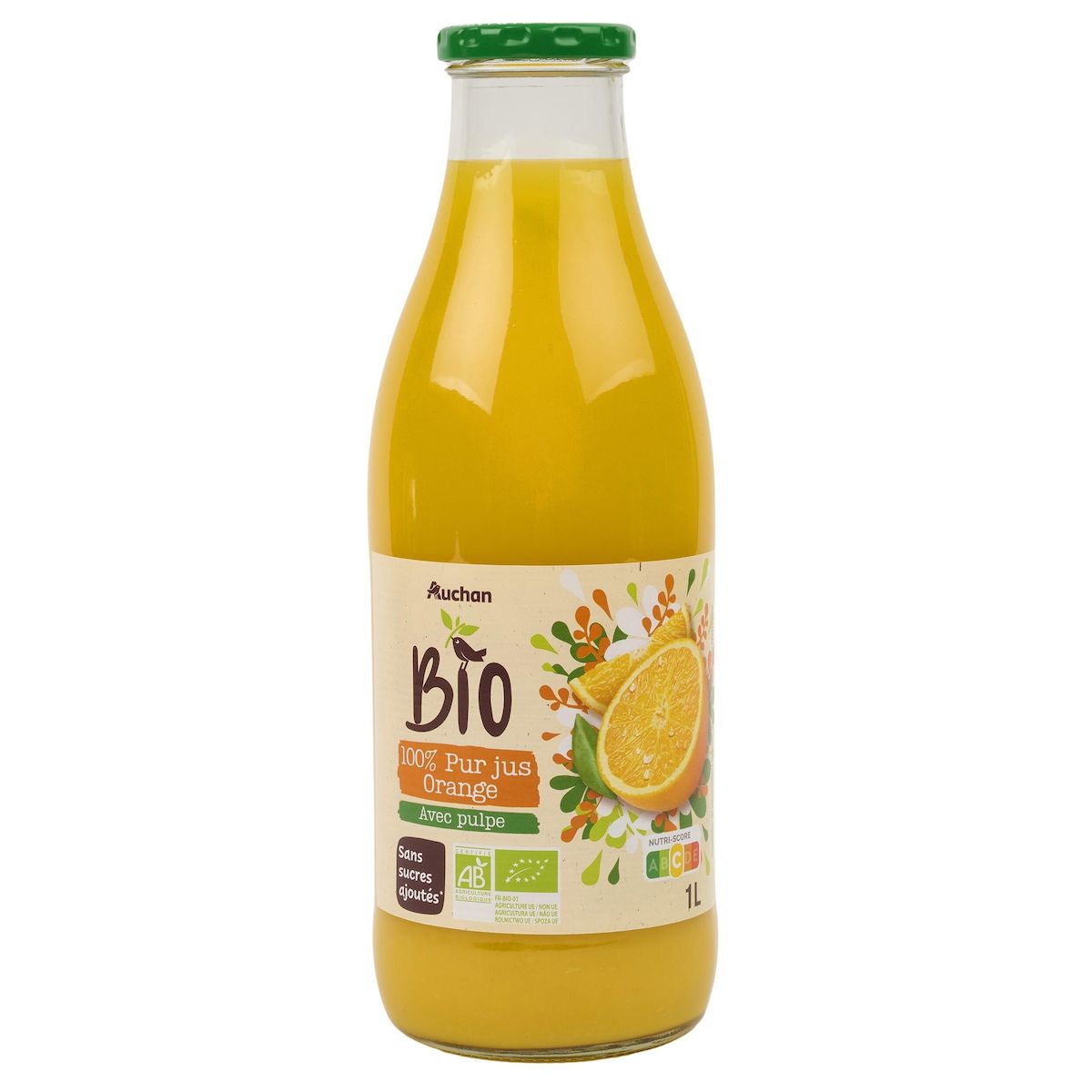 AUCHAN BIO Pur jus d'orange avec pulpe bio bouteille 1l