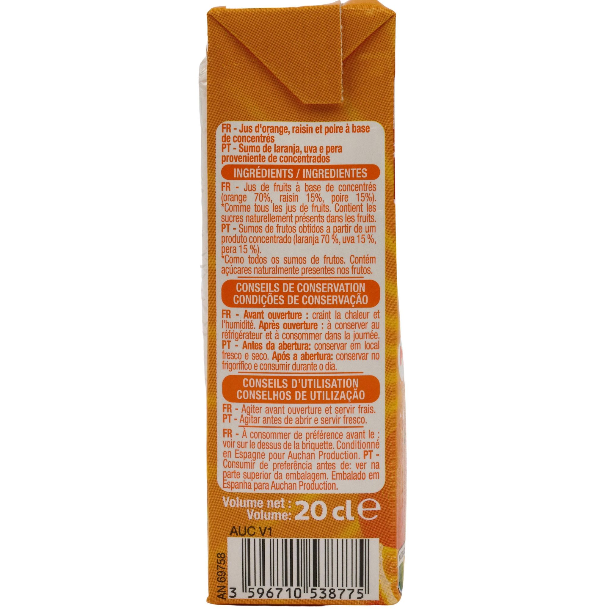 Voir la diapositive 2 : AUCHAN Jus d'orange multifruits en briquettes 6x20cl