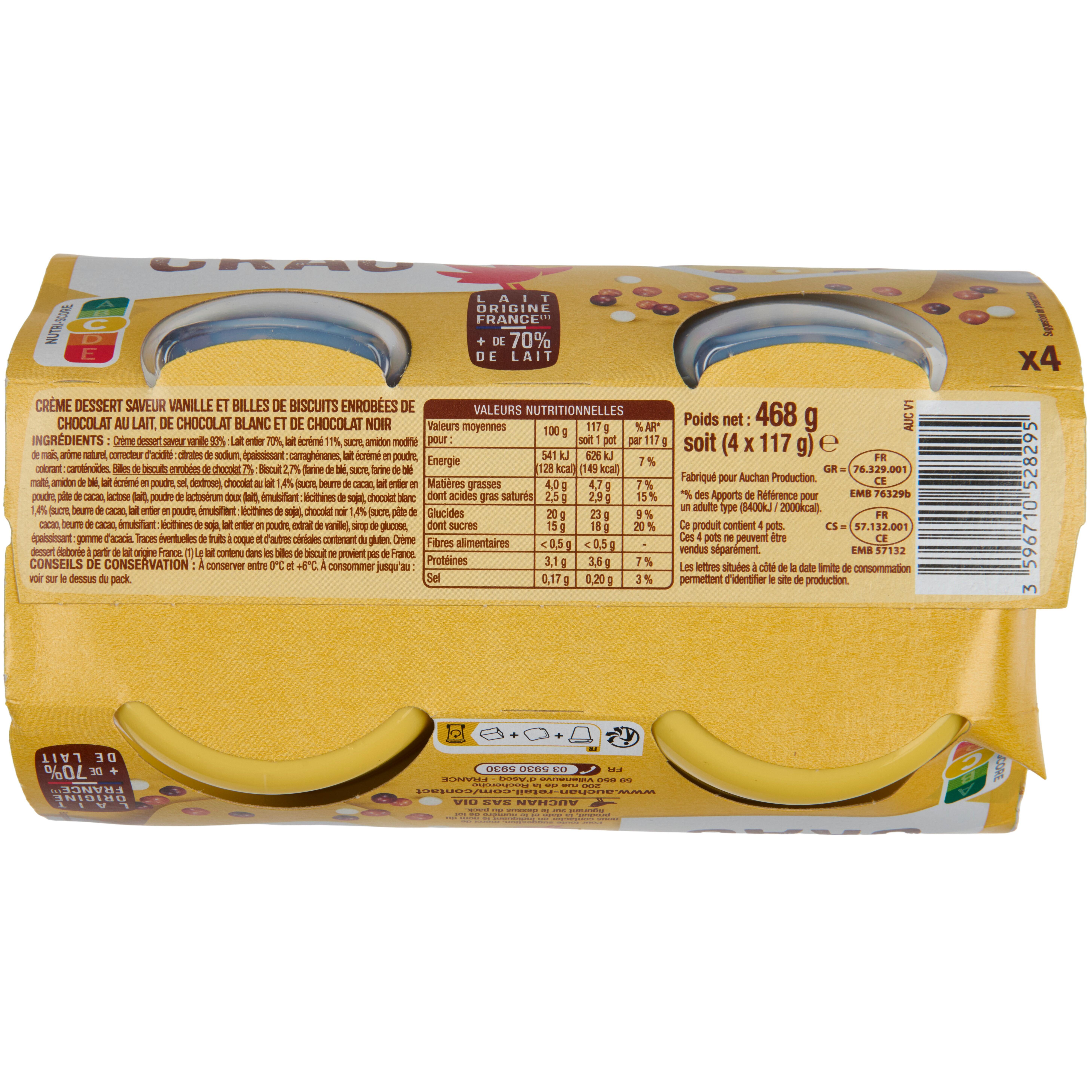 Voir la diapositive 2 : AUCHAN Vani'Crac Crème dessert saveur vanille et billes 3 chocolats 4x117g