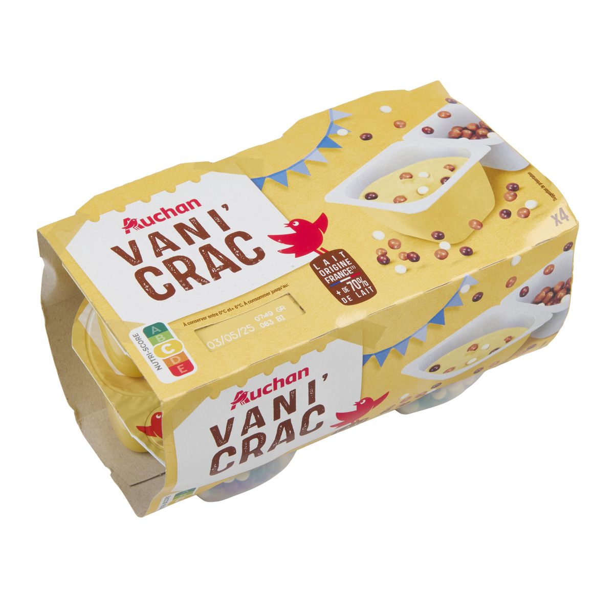 AUCHAN Vani'Crac Crème dessert saveur vanille et billes 3 chocolats 4x117g