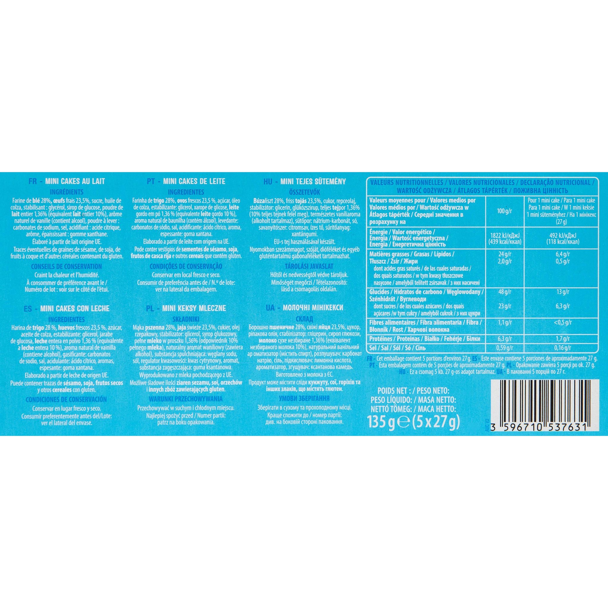 Voir la diapositive 3 : AUCHAN Mini cakes au lait sachets individuels 5 cakes 135g