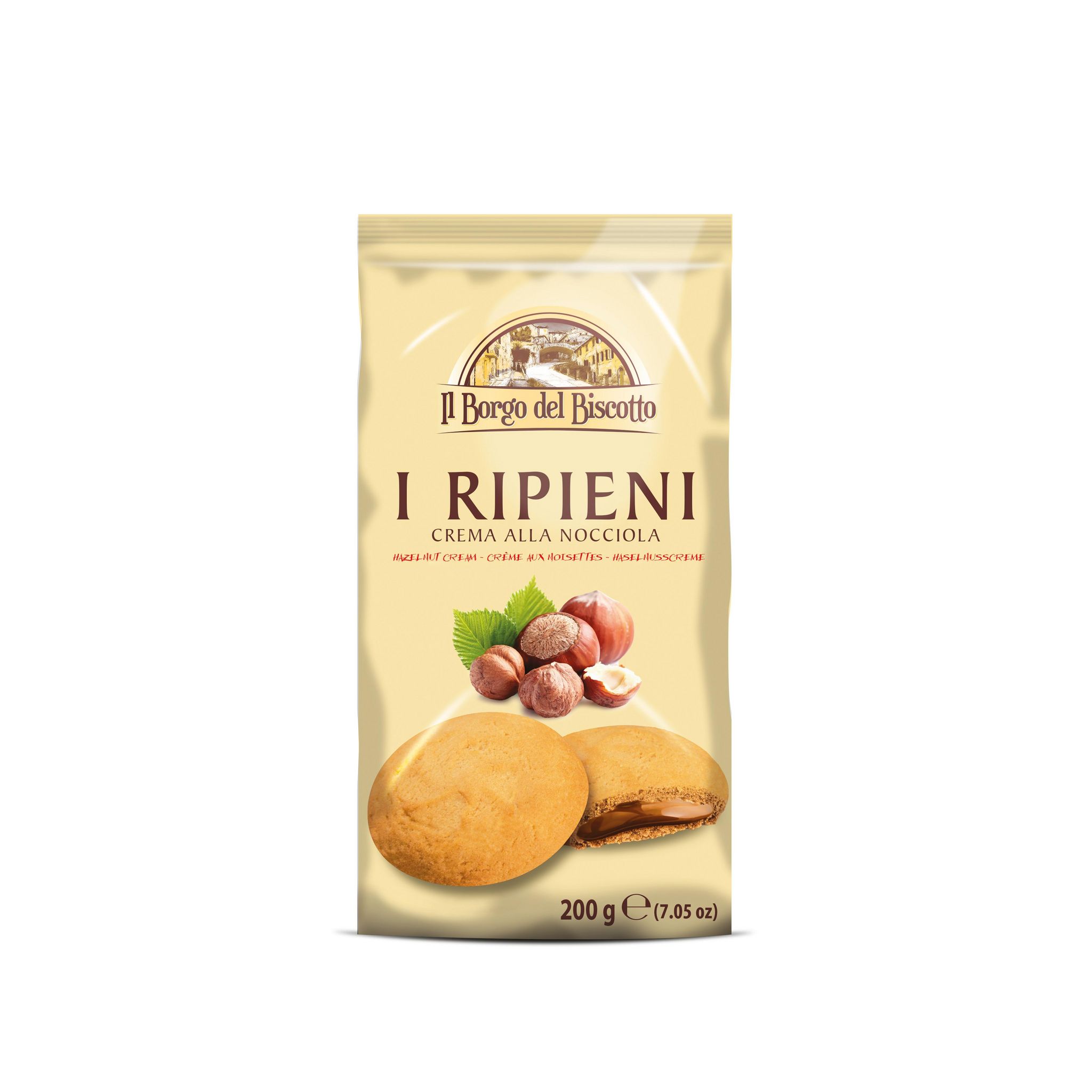Voir la diapositive 2 : BORGO DEL BISCOTTO Biscuits fourrés à la crème aux noisettes I Ripieni 200g