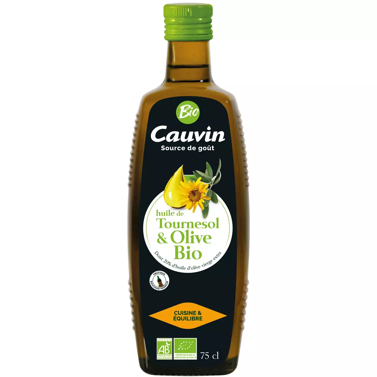 CAUVIN Huile de tournesol et olive bio avec bouchon verseur 75cl