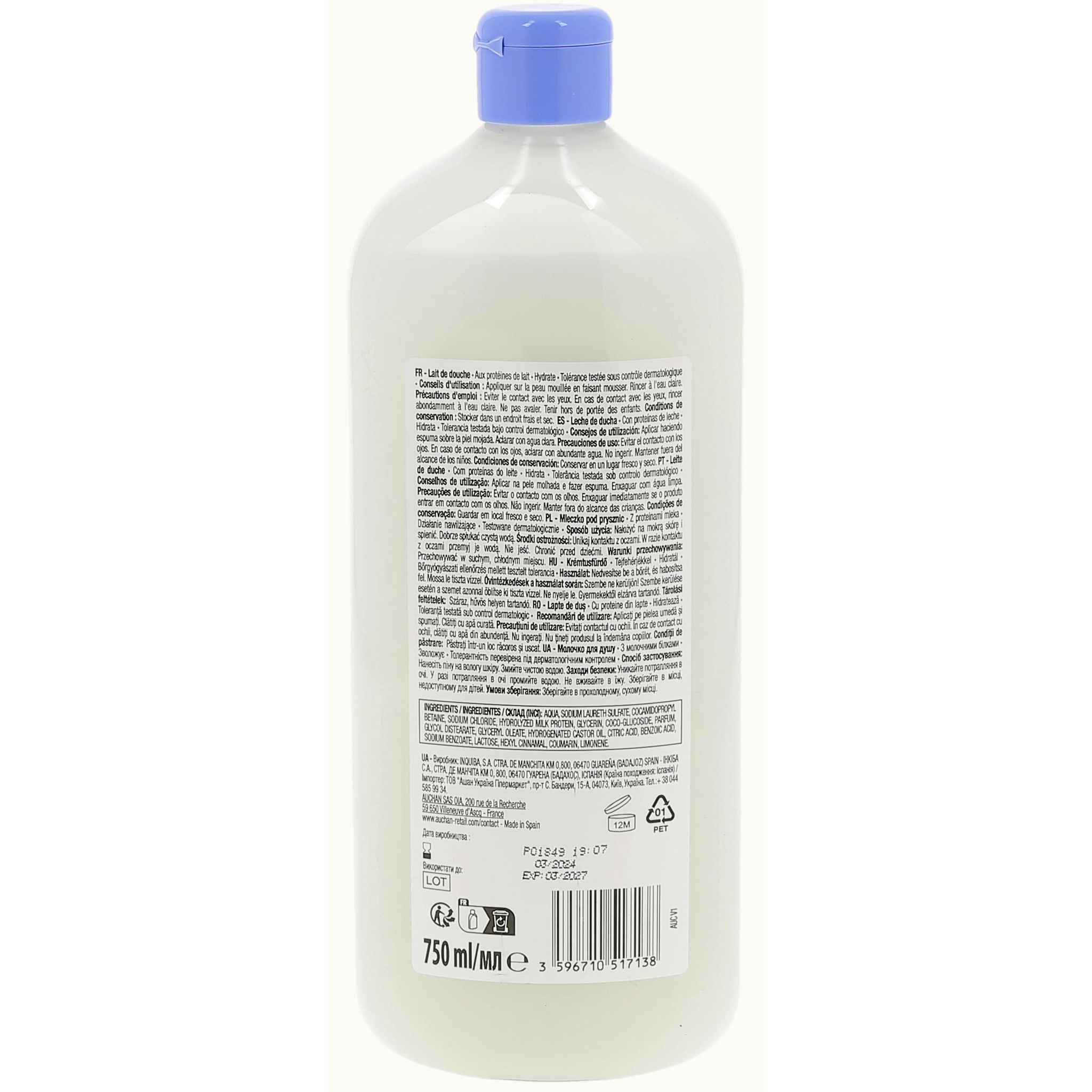 Voir la diapositive 3 : COSMIA Lait de douche aux protéines de lait 750ml