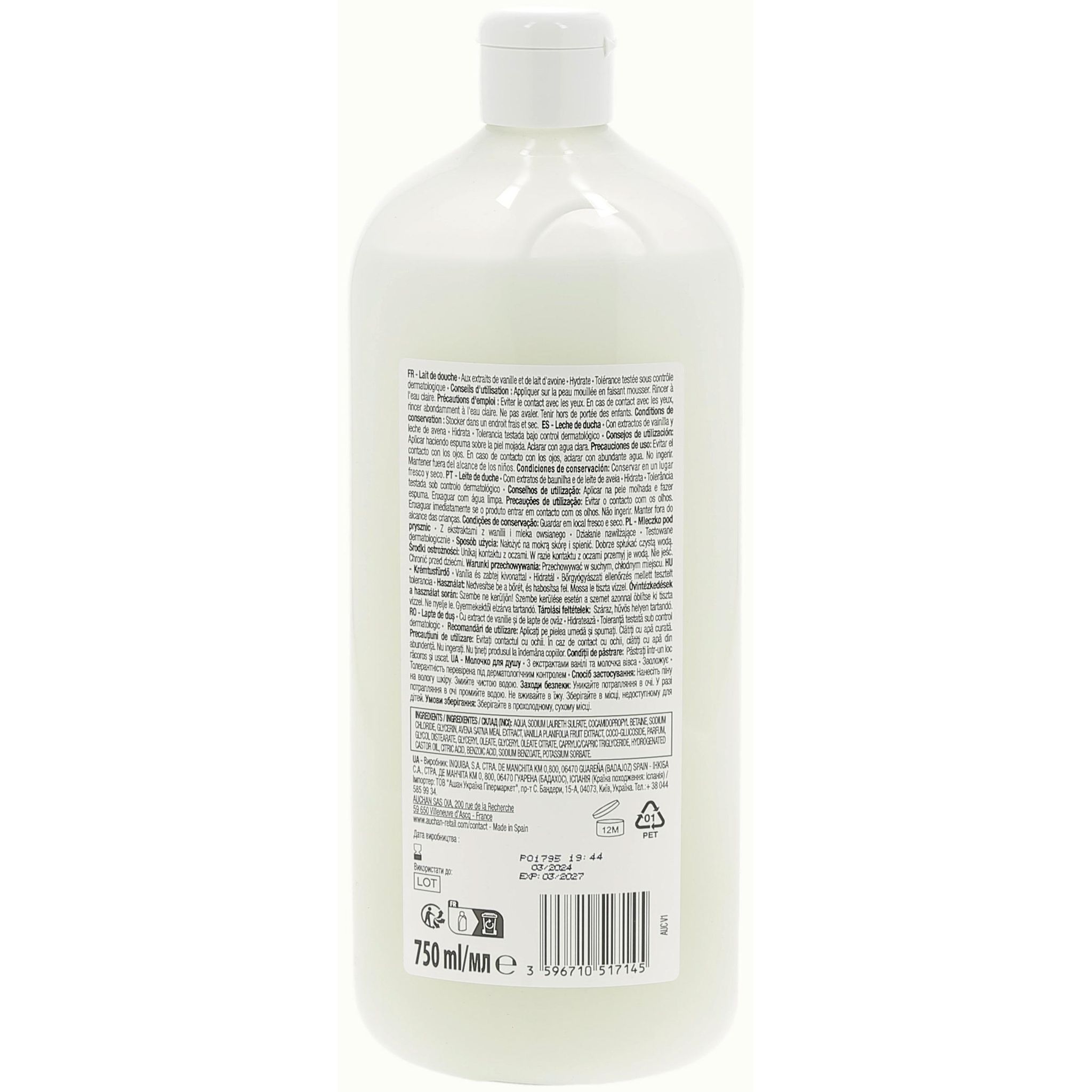 Voir la diapositive 3 : COSMIA Lait de douche hydratant aux extrait de vanille et de lait d'avoine 750ml