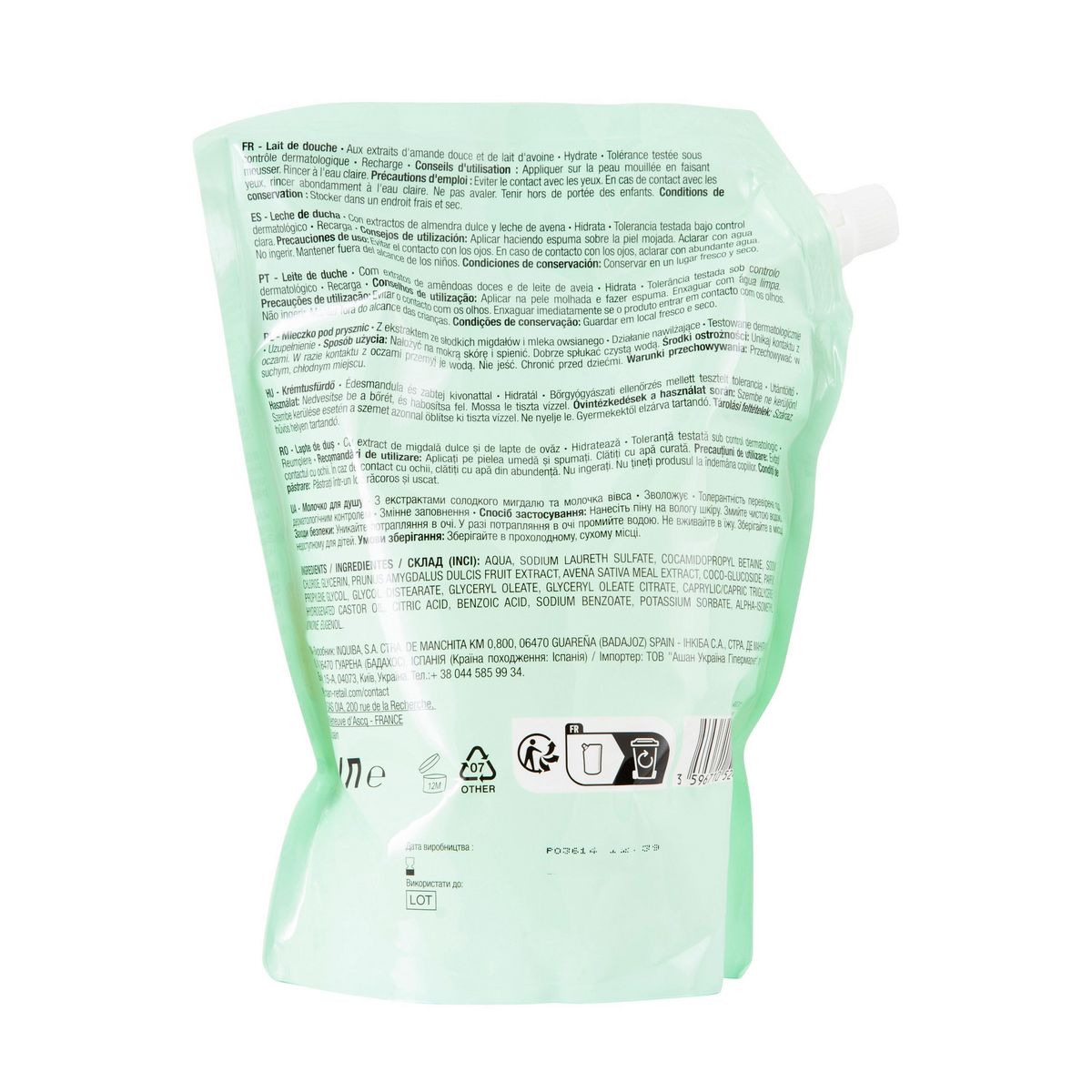 COSMIA Recharge lait de douche hydratant amande douce et lait d'avoine 1L