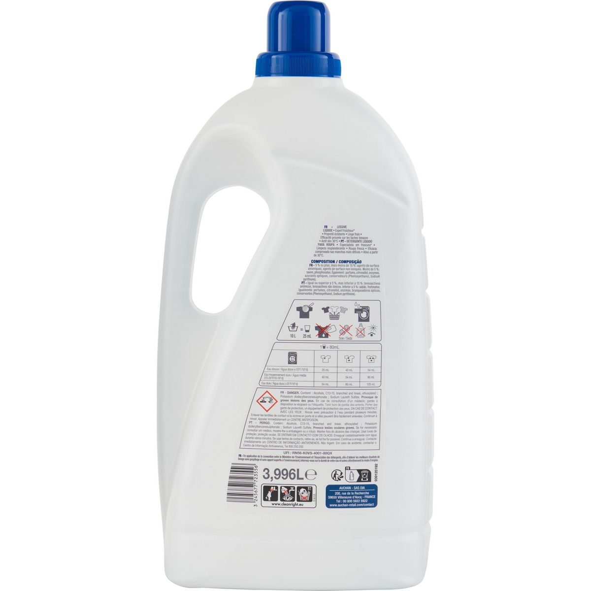 AUCHAN Lessive liquide Expert Fraicheur Bleu intense 74 lavages 4l