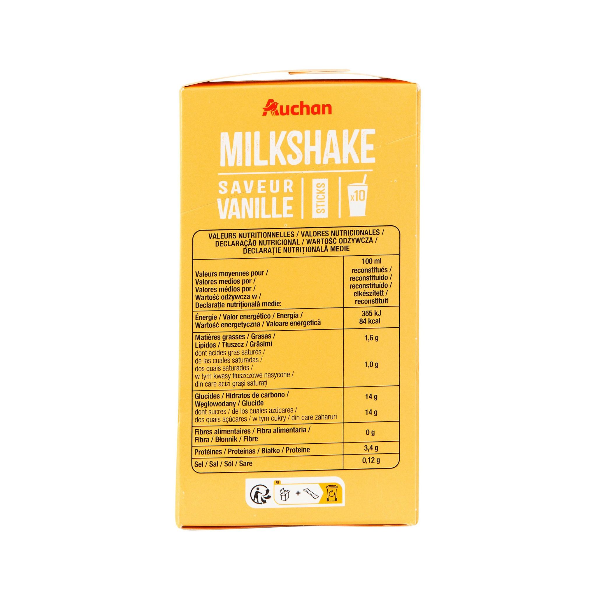 Voir la diapositive 2 : AUCHAN Milkshake saveur vanille en sticks 10 sticks 200g