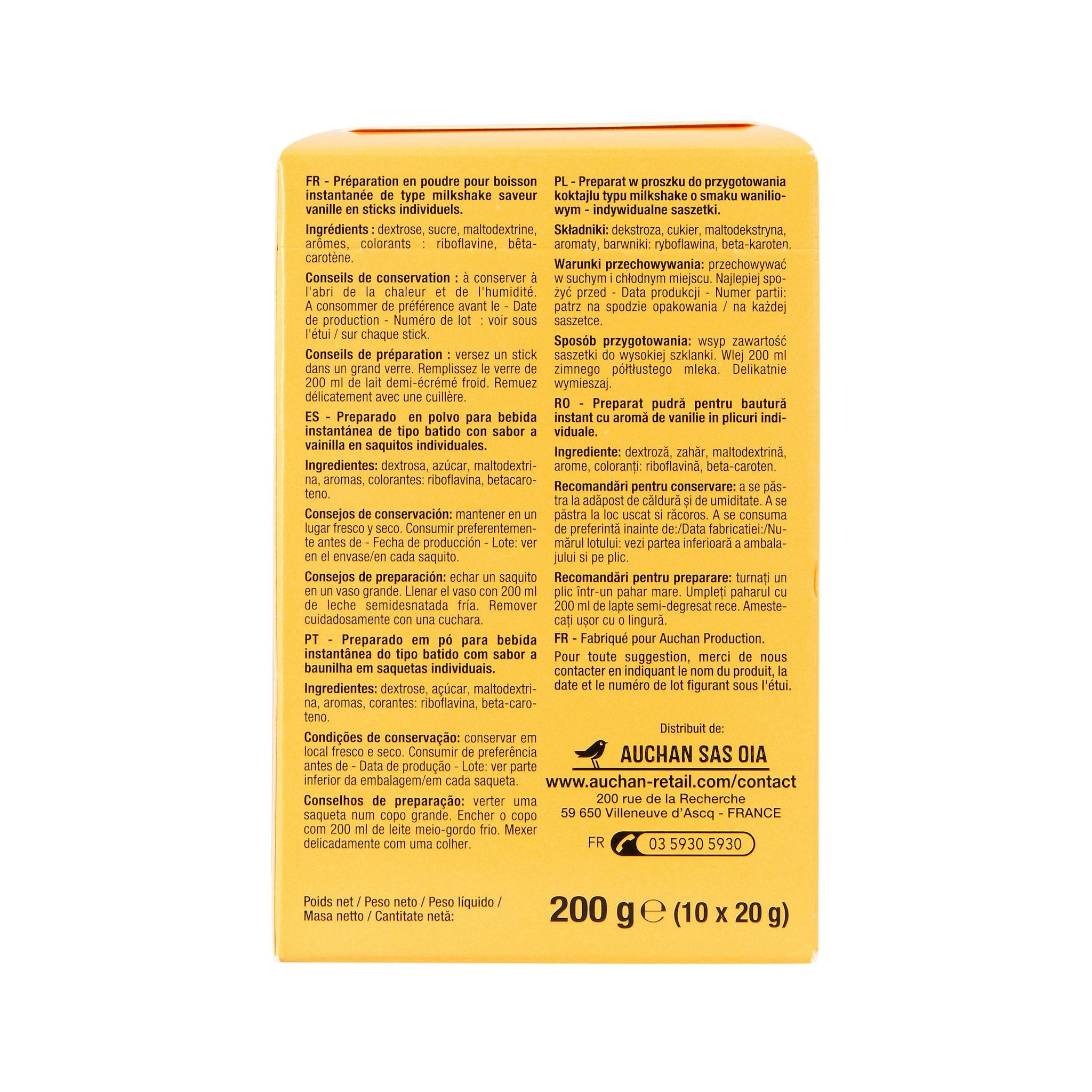 Voir la diapositive 3 : AUCHAN Milkshake saveur vanille en sticks 10 sticks 200g