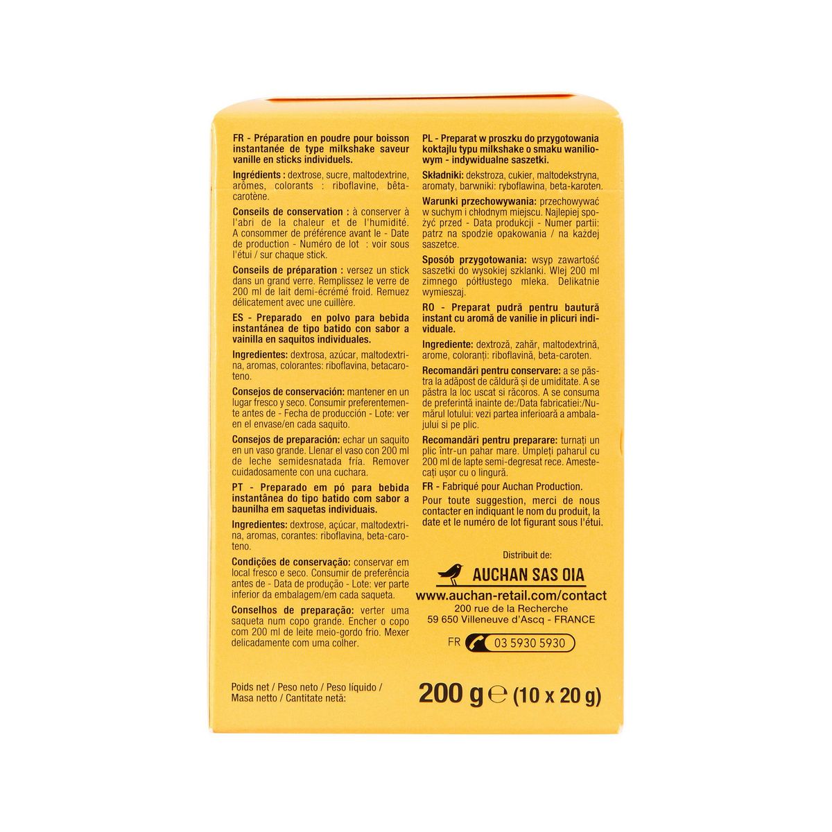 AUCHAN Milkshake saveur vanille en sticks 10 sticks 200g