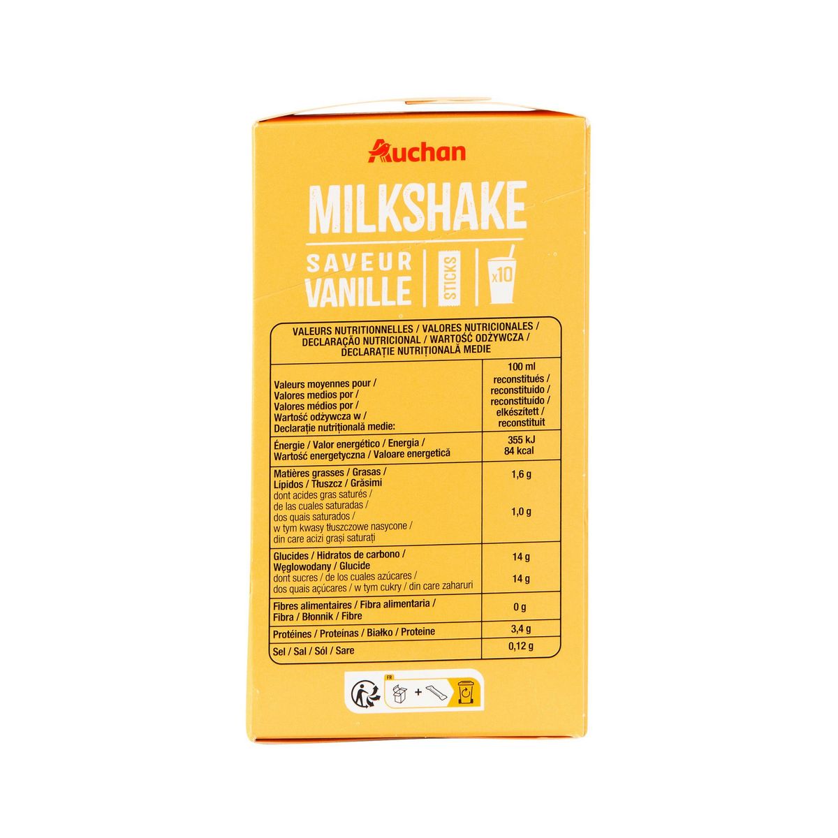 AUCHAN Milkshake saveur vanille en sticks 10 sticks 200g