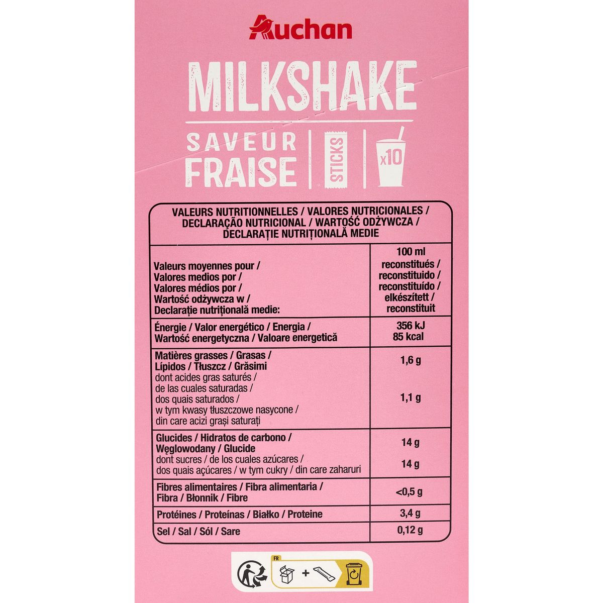 AUCHAN Milkshake saveur fraise en sticks 10 sticks 200g
