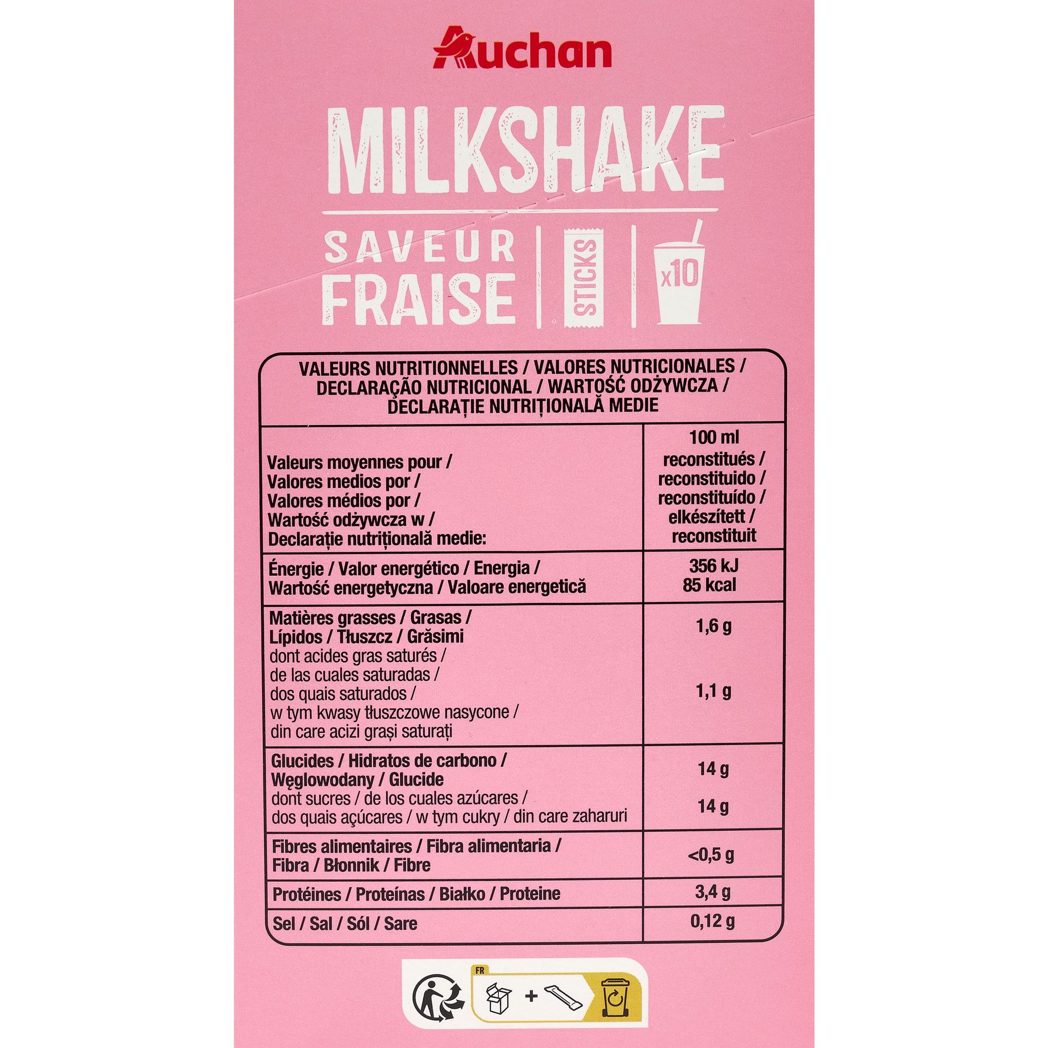 Voir la diapositive 4 : AUCHAN Milkshake saveur fraise en sticks 10 sticks 200g