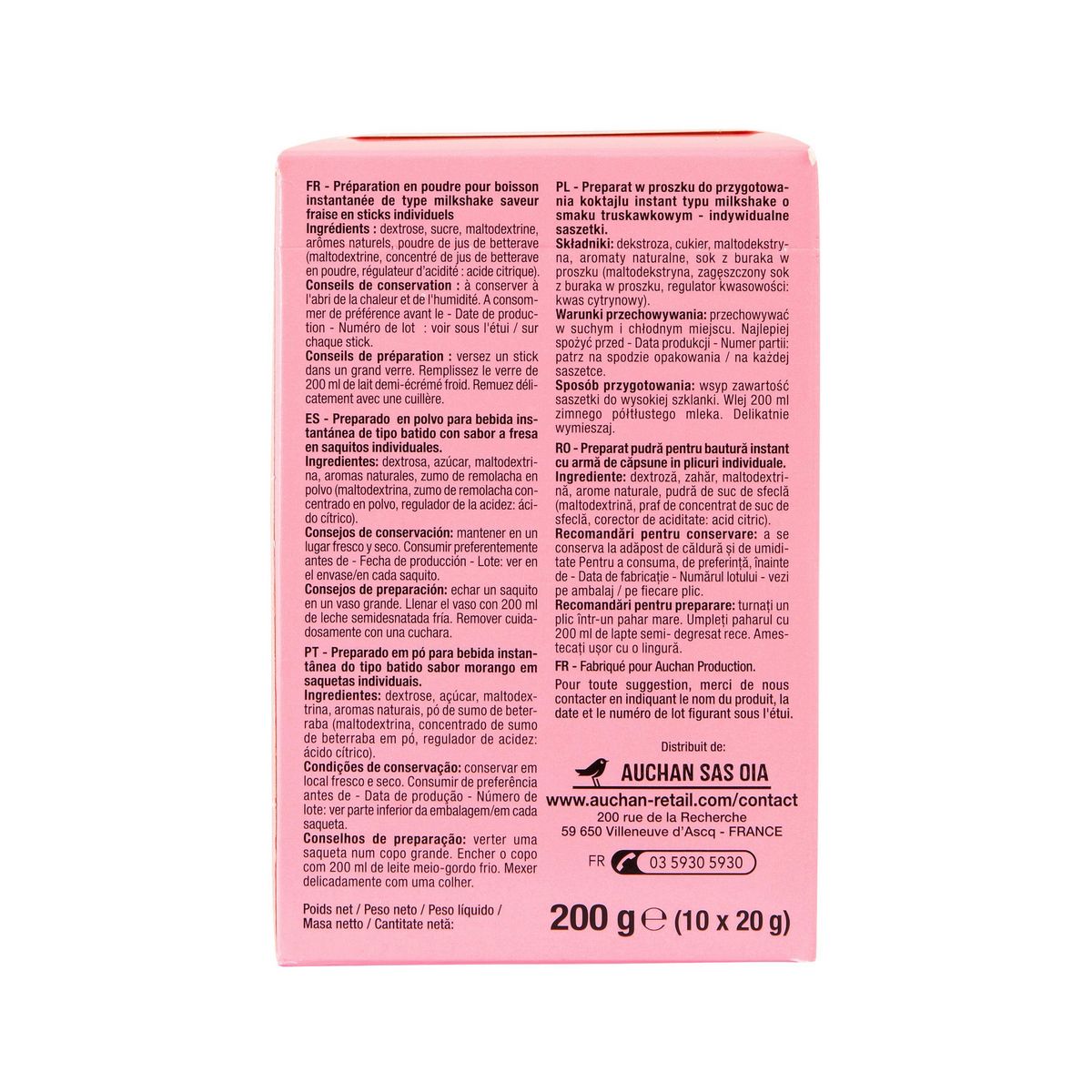 AUCHAN Milkshake saveur fraise en sticks 10 sticks 200g