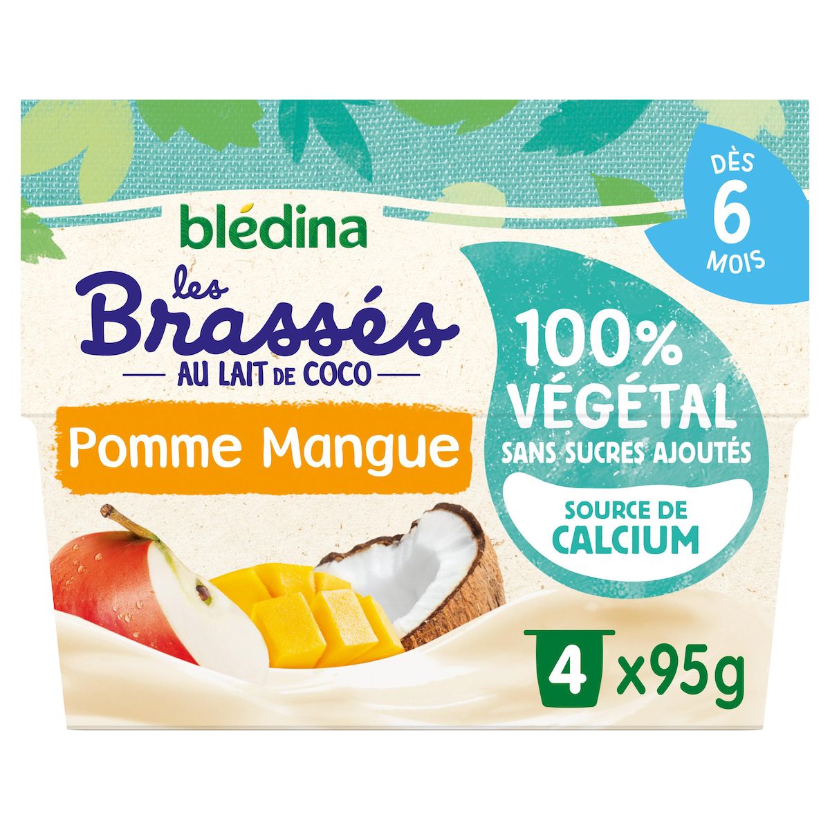 BLEDINA Les brassés 100 % végétal au lait de coco pomme mangue dès 6 mois 4x95g