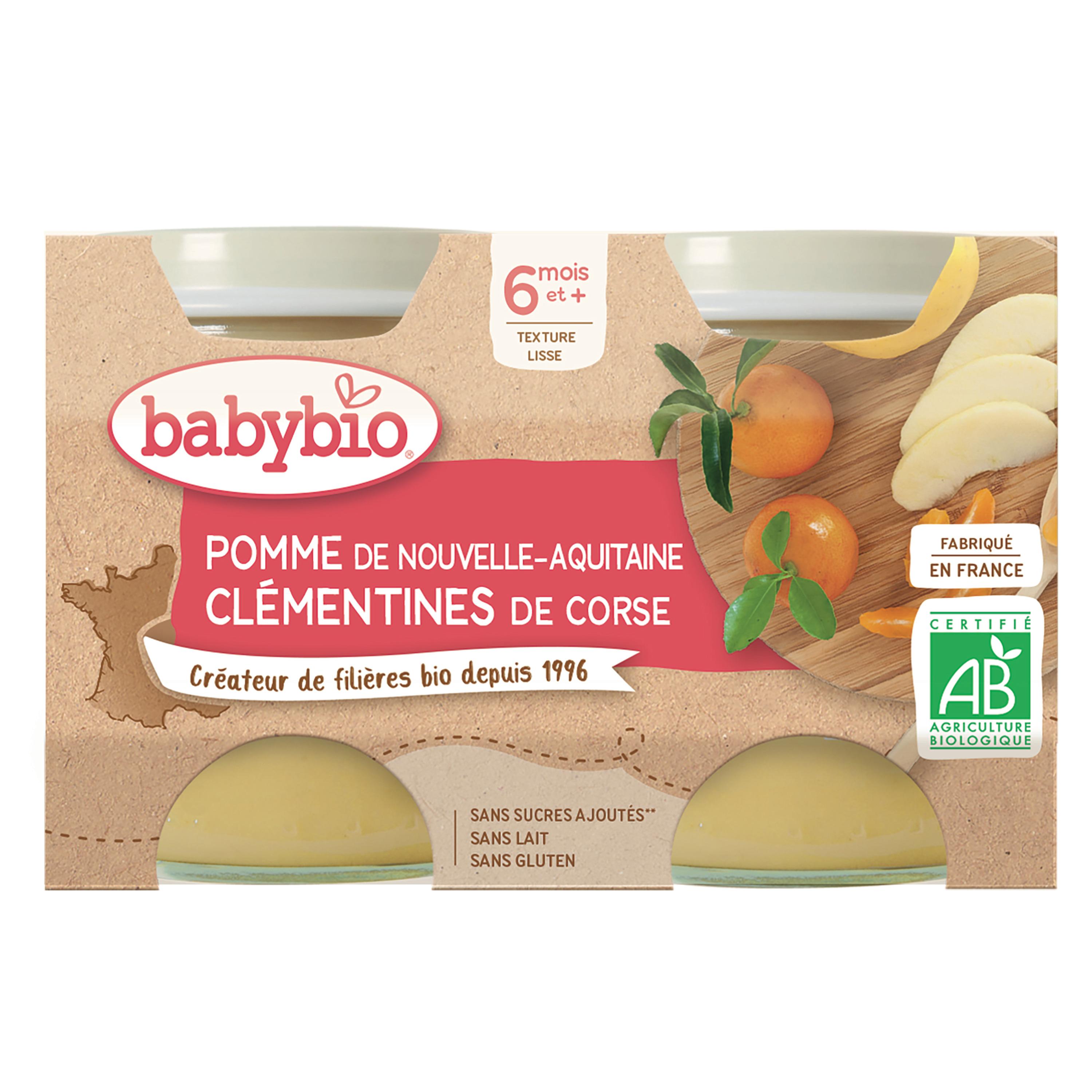Voir la diapositive 2 : BABYBIO Petits pots compote pomme et clémentines bio dès 6 mois 2x130g