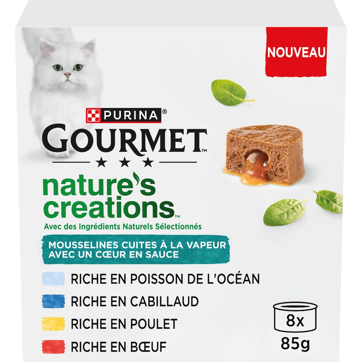 PURINA Gourmet nature's creations Mousselines coeur en sauce au poisson poulet et boeuf pour chat 8x85g