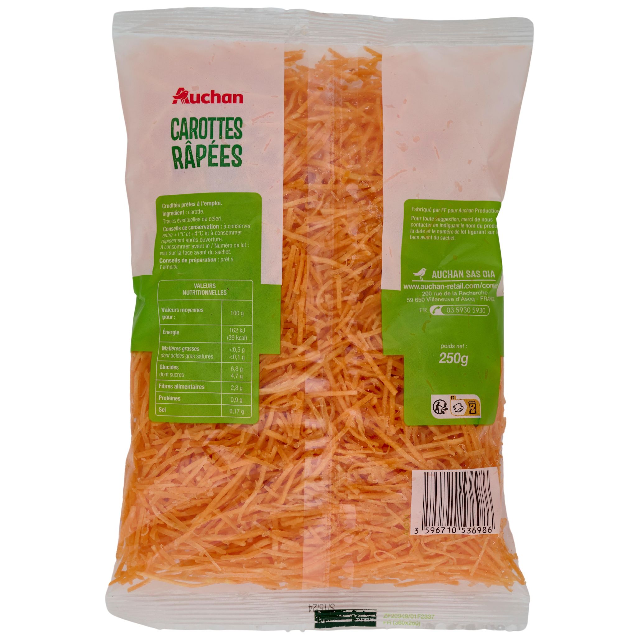 Voir la diapositive 2 : AUCHAN Carottes râpées déjà lavé 3-4 parts 250g