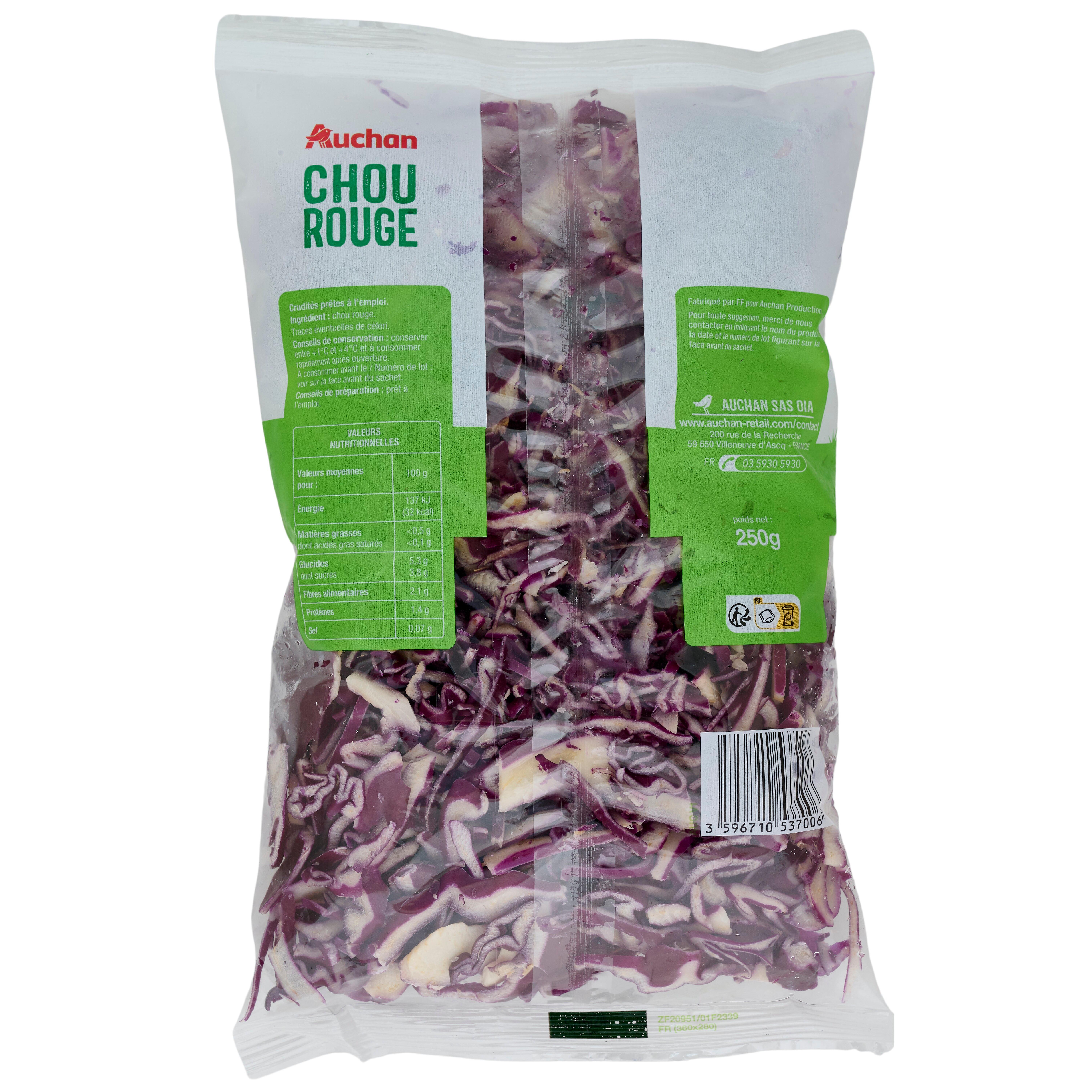 Voir la diapositive 2 : AUCHAN Chou rouge déjà lavé 3-4 parts 250g