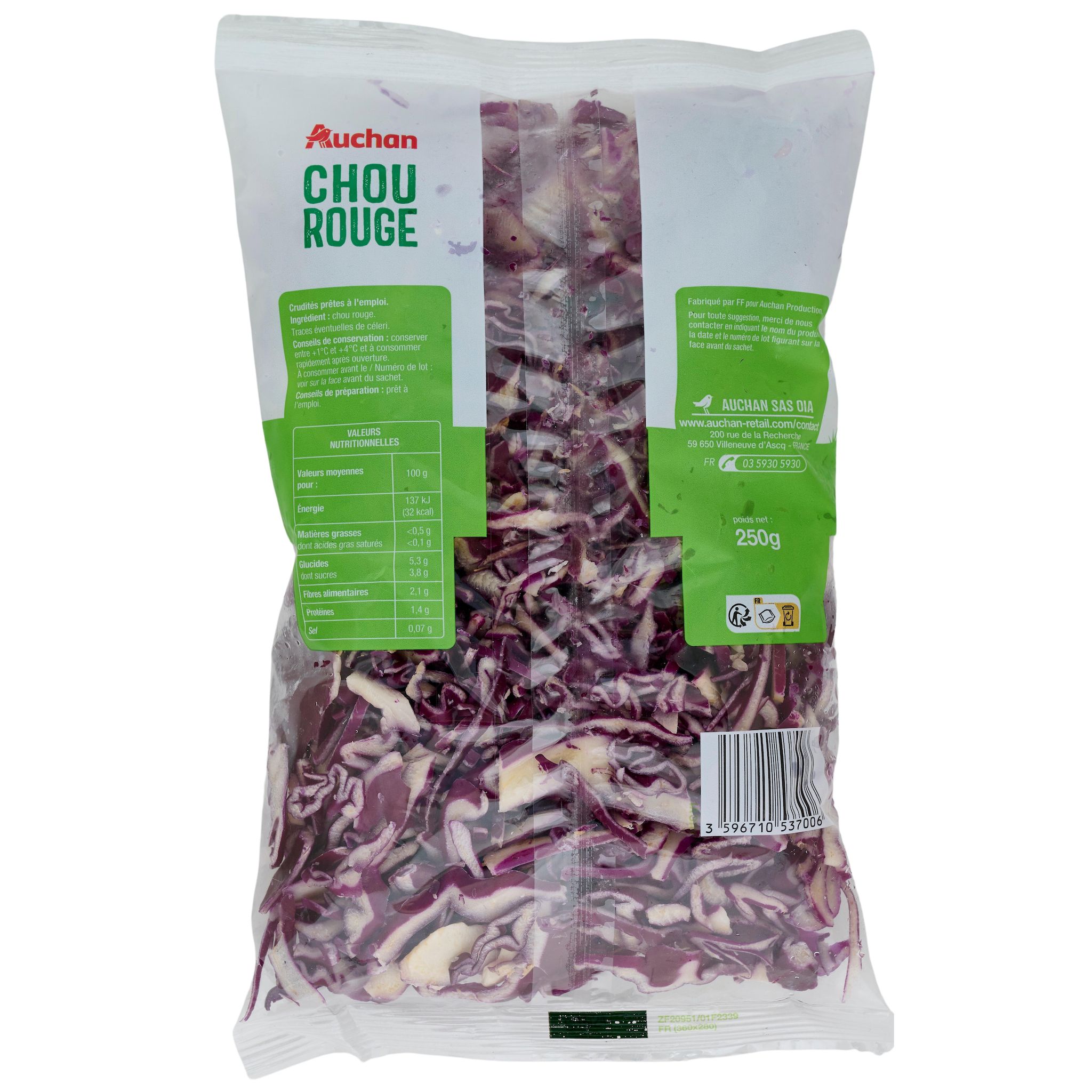 Voir la diapositive 2 : AUCHAN Chou rouge déjà lavé 3-4 parts 250g