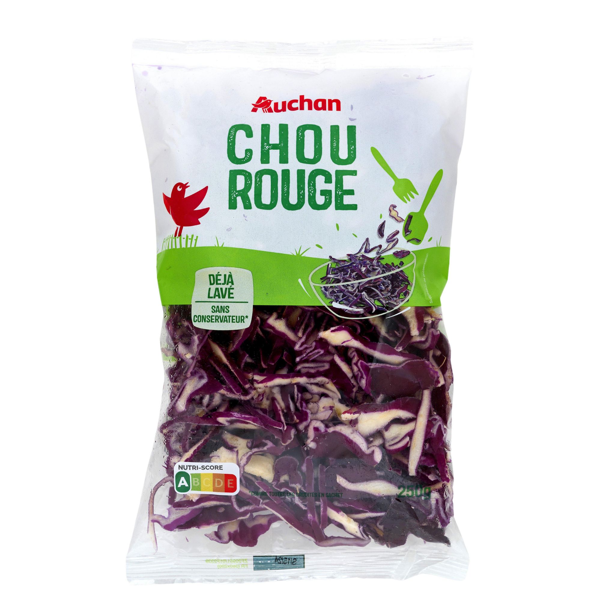 Voir la diapositive 3 : AUCHAN Chou rouge déjà lavé 3-4 parts 250g