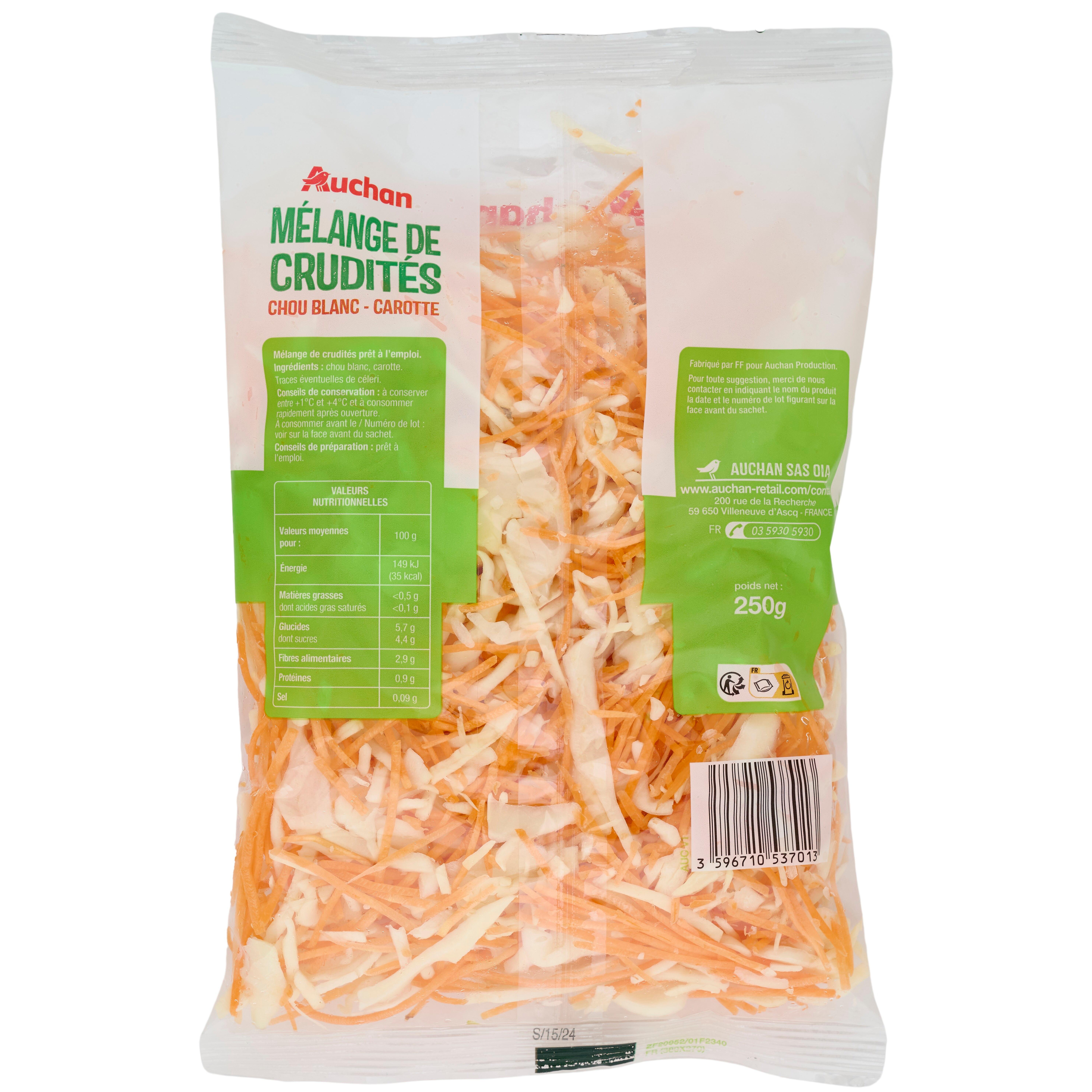 Voir la diapositive 2 : AUCHAN Mélange de crudités chou blanc carotte 2-3 parts 250g