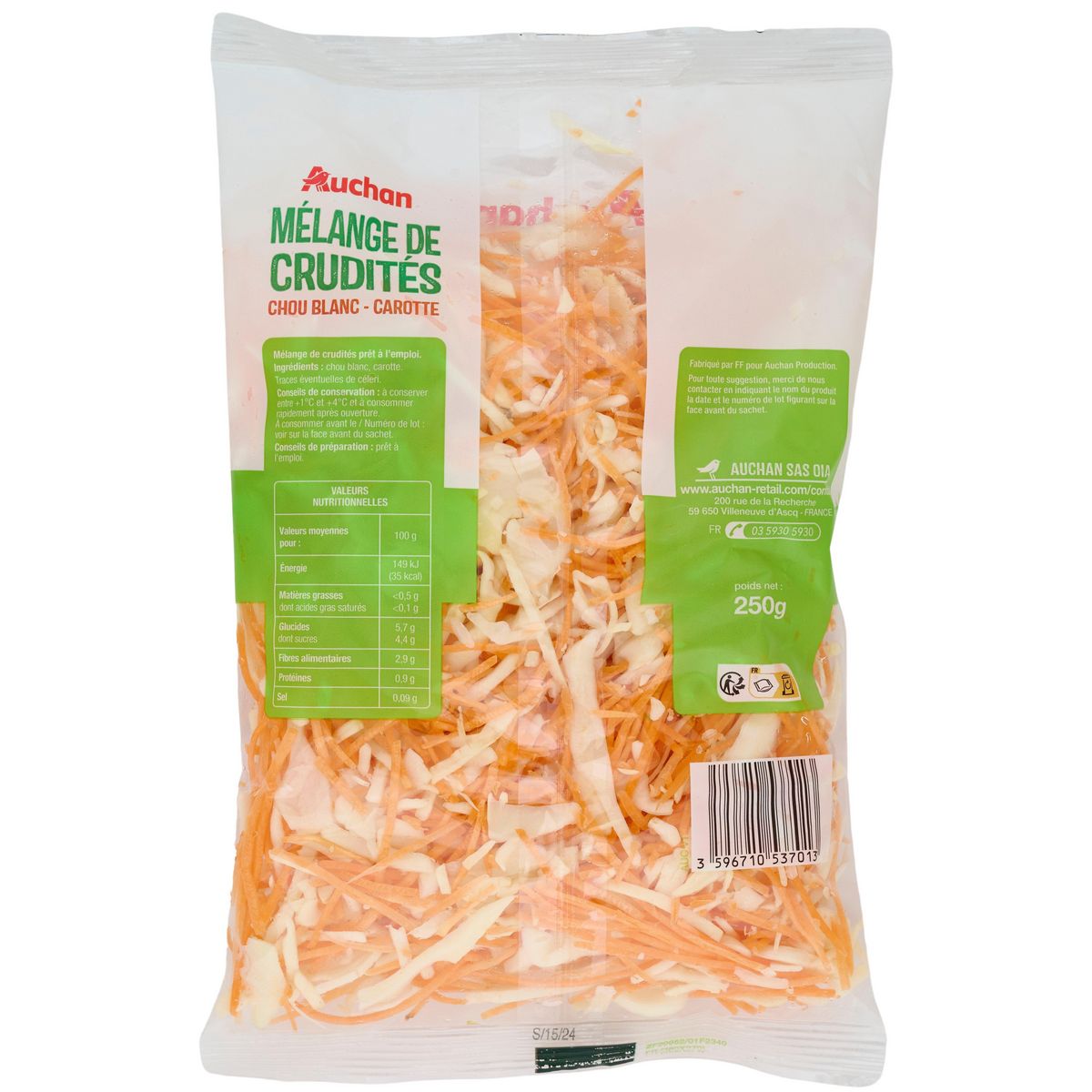 AUCHAN Mélange de crudités chou blanc carotte 2-3 parts 250g