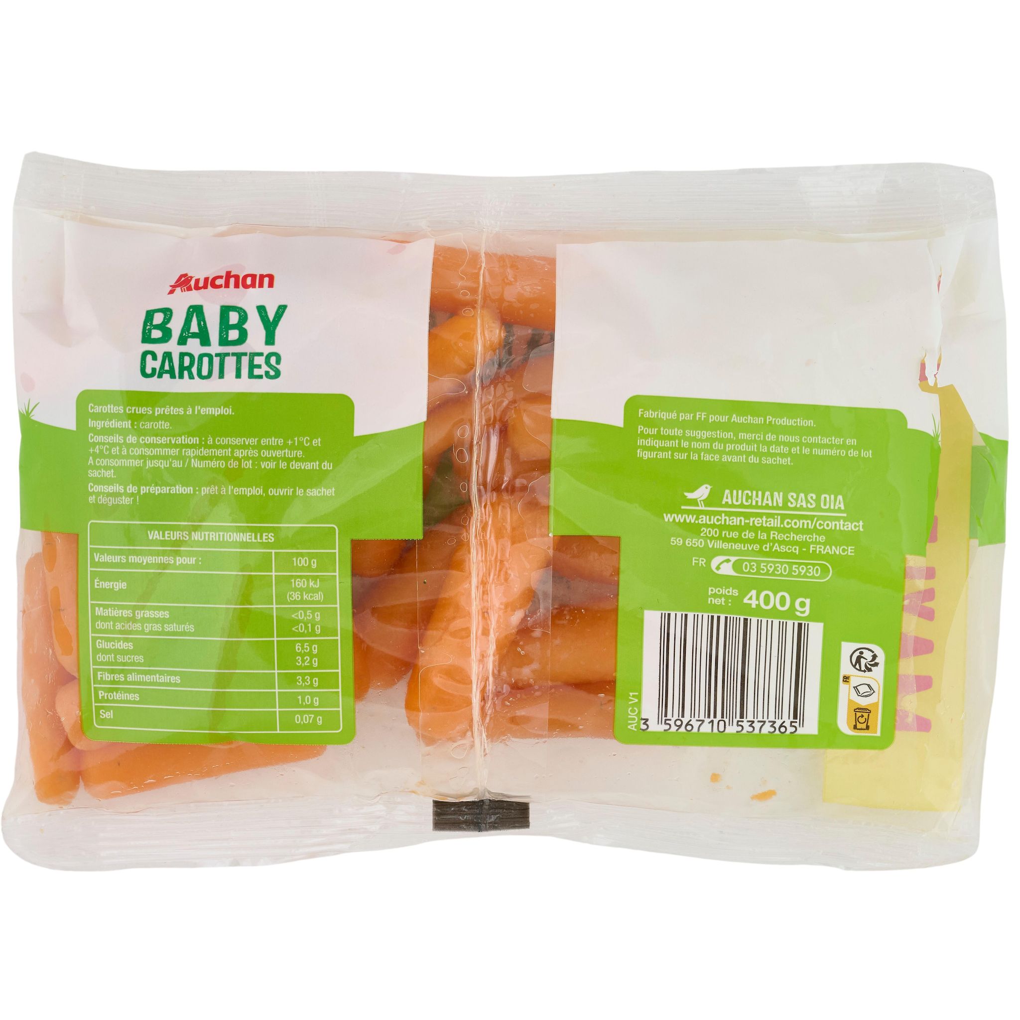 Voir la diapositive 2 : AUCHAN Baby carottes déjà lavé 400g