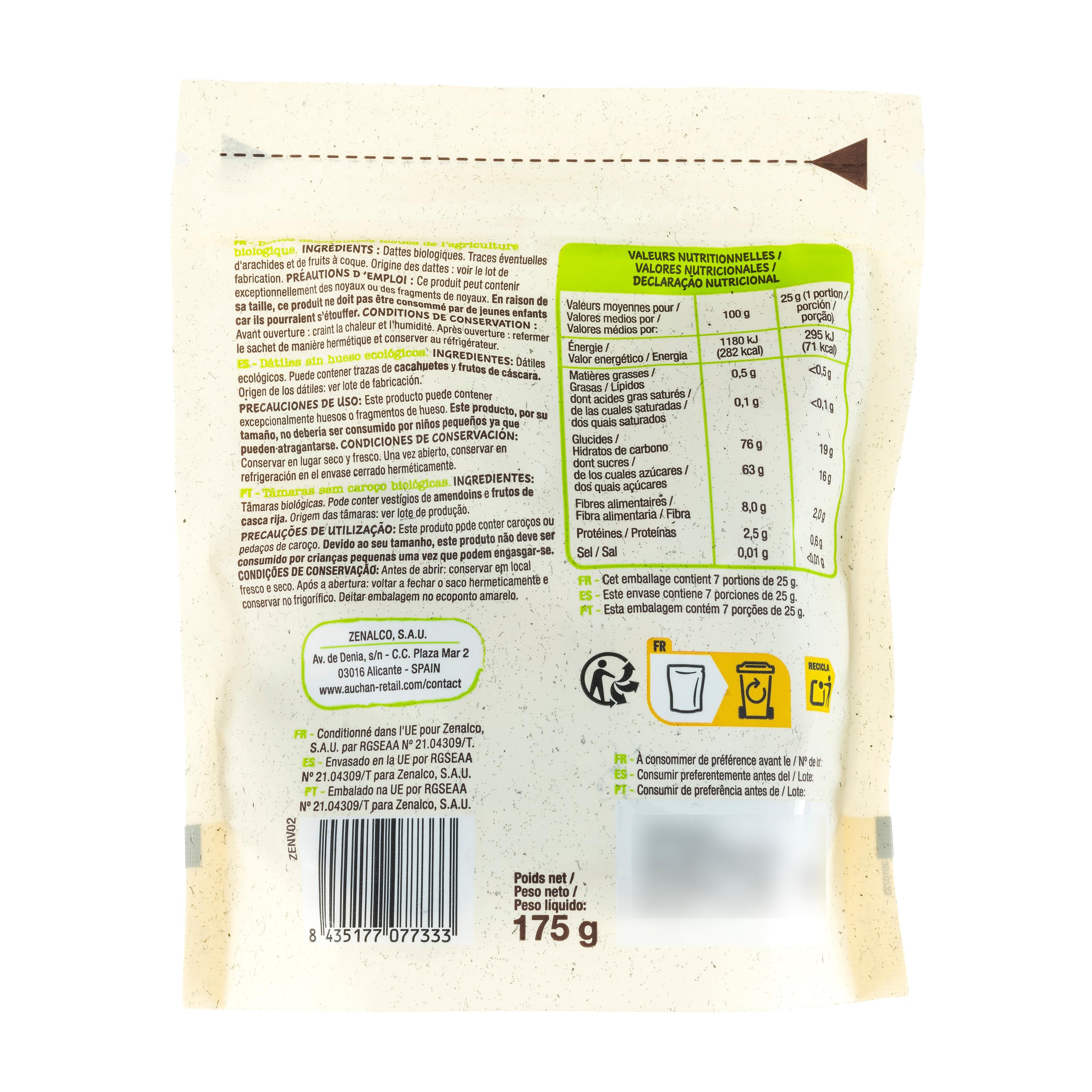 Voir la diapositive 2 : AUCHAN BIO Dattes dénoyautées bio 175g