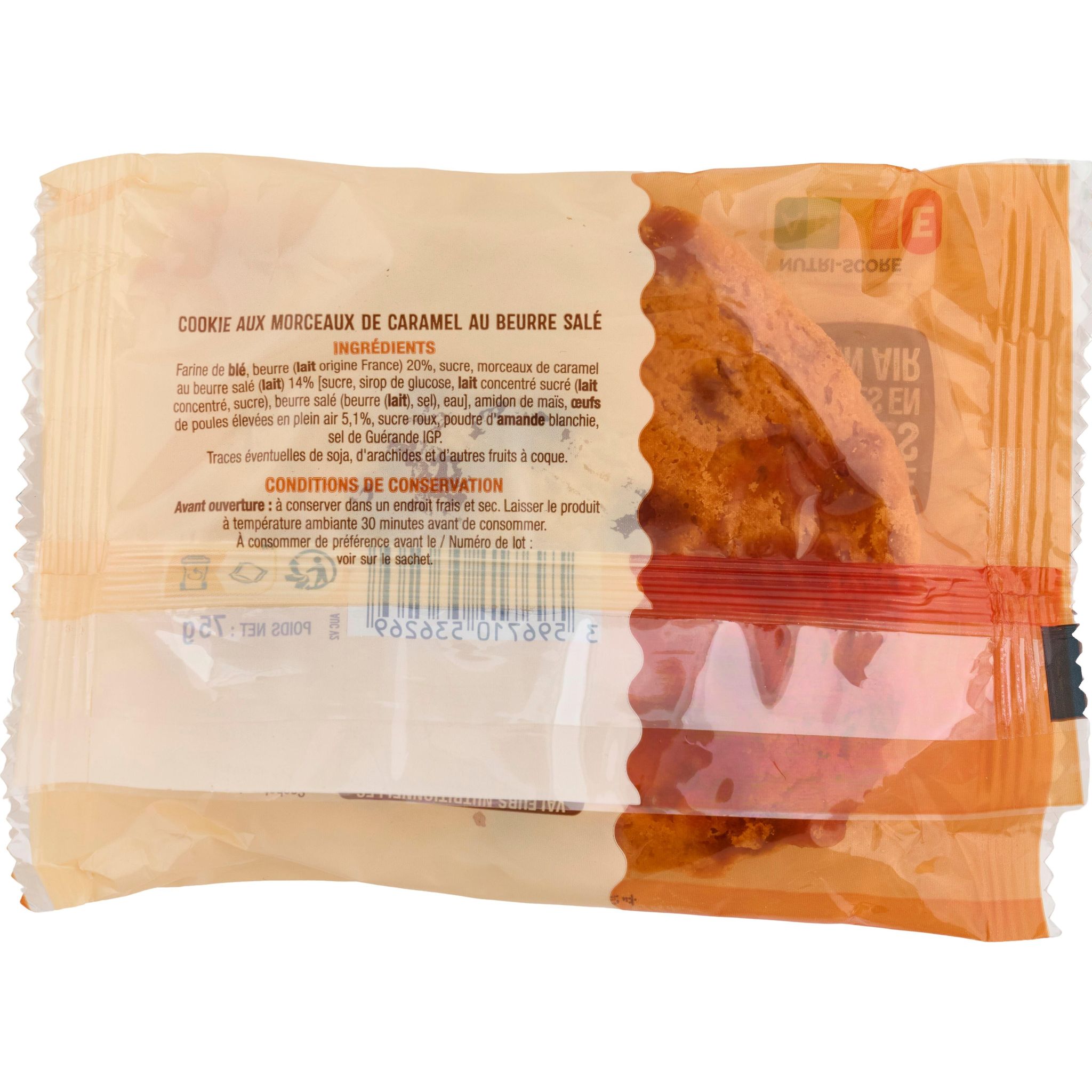 Voir la diapositive 2 : AUCHAN Cookie pur beurre au caramel beurre salé 75g