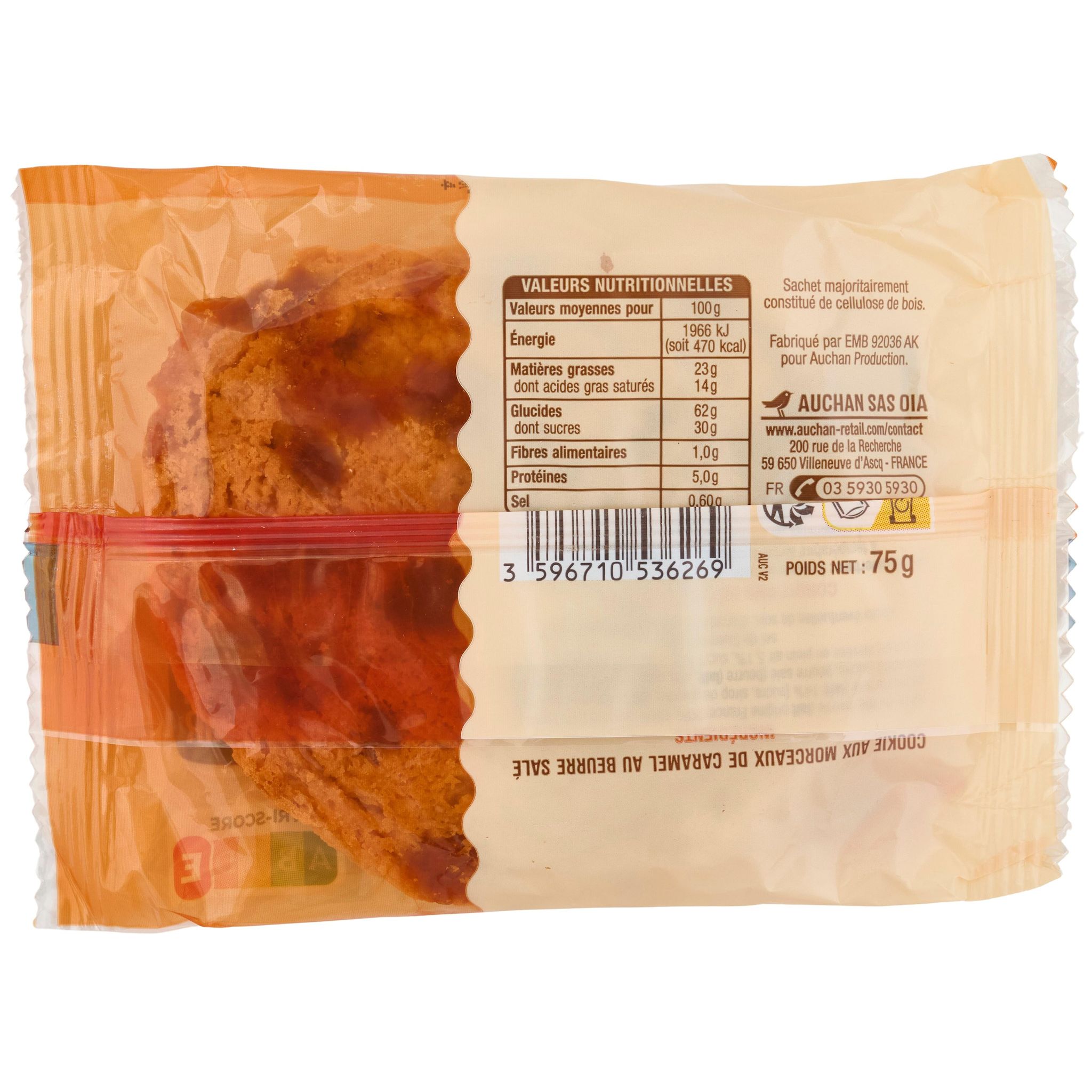 Voir la diapositive 3 : AUCHAN Cookie pur beurre au caramel beurre salé 75g