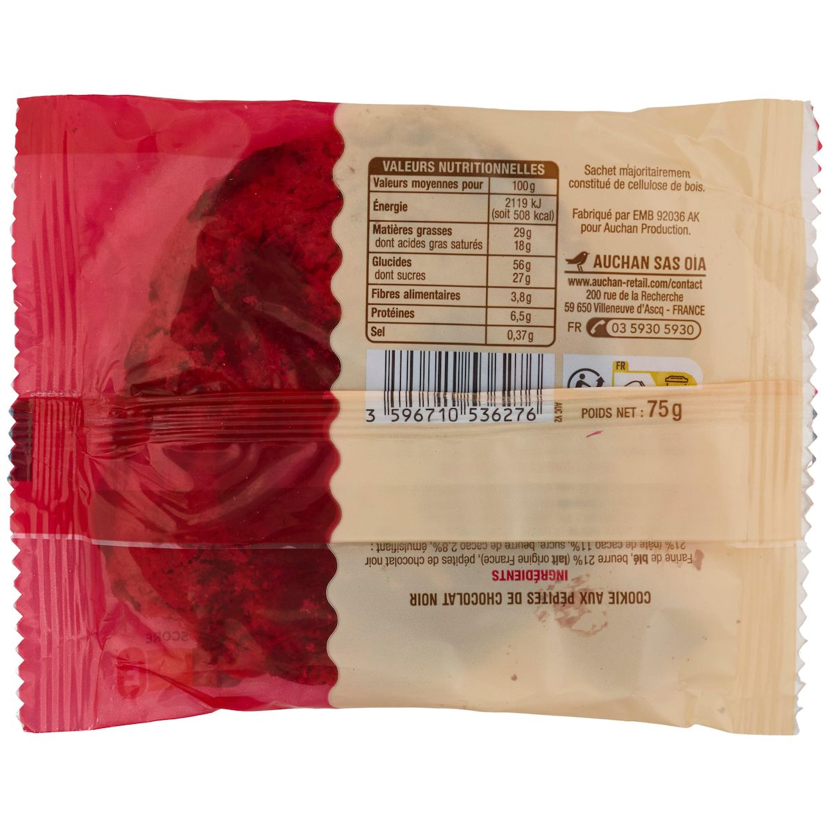 AUCHAN Cookie pur beurre au chocolat noir 75g