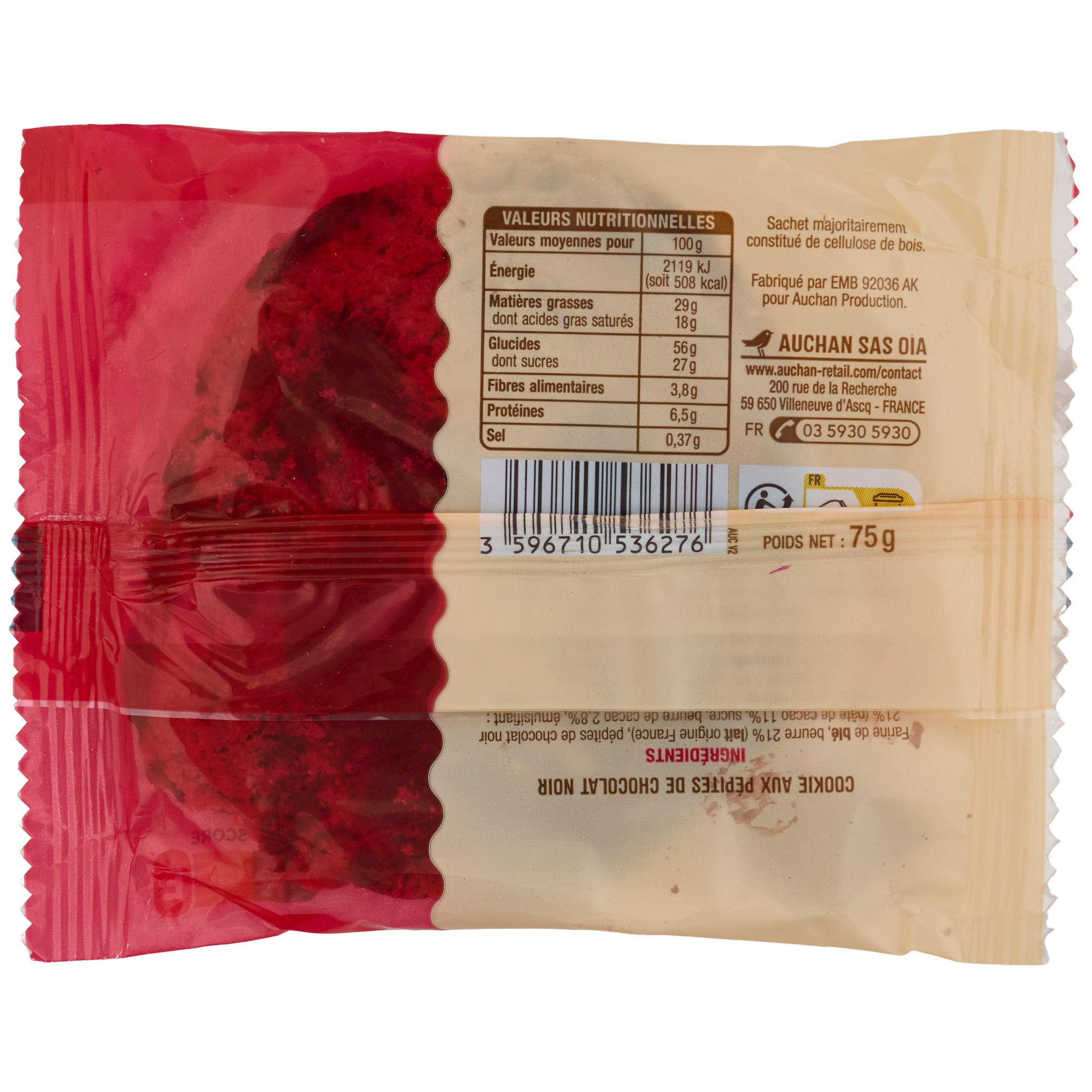 Voir la diapositive 3 : AUCHAN Cookie pur beurre au chocolat noir 75g