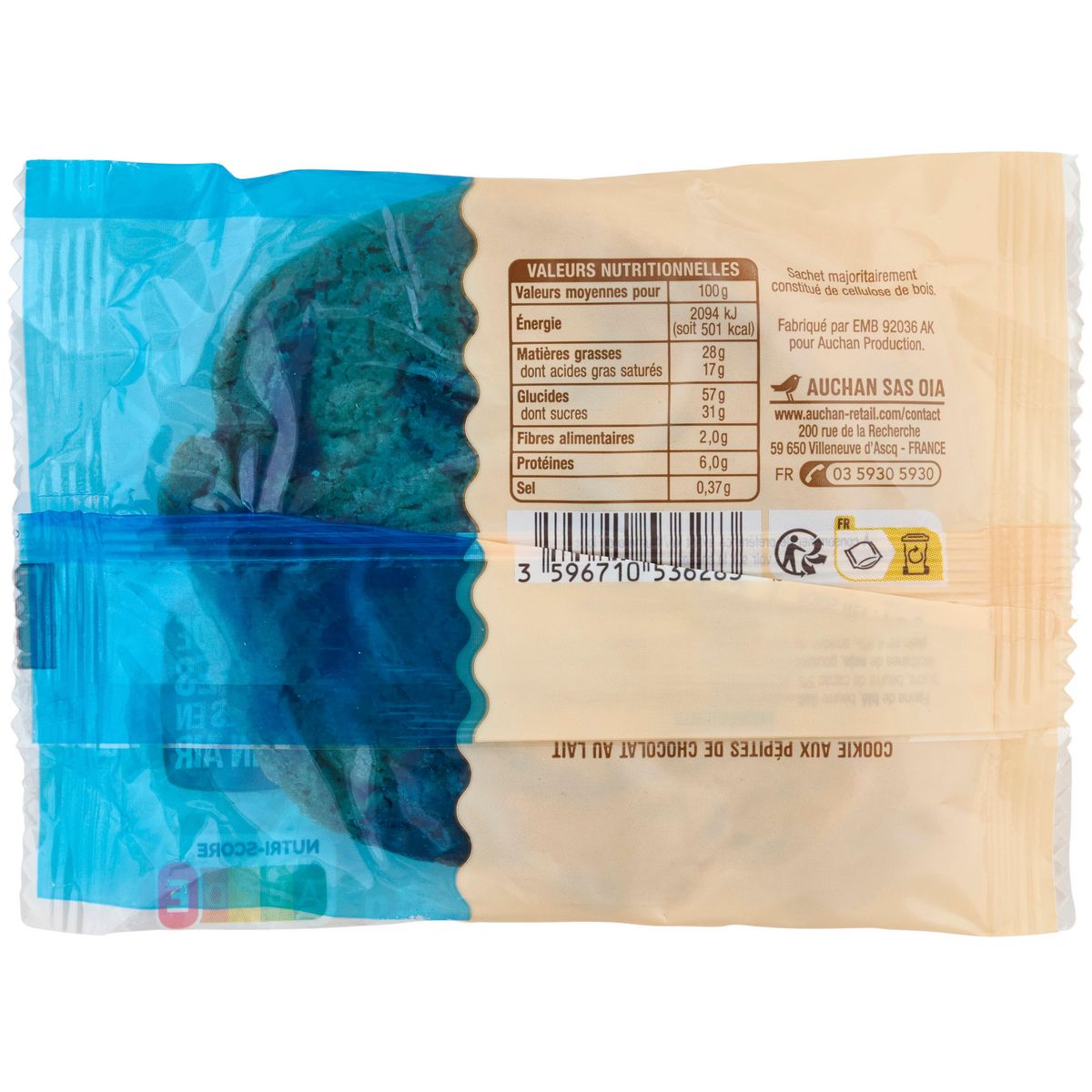 AUCHAN Cookie pur beurre chocolat au lait 75g