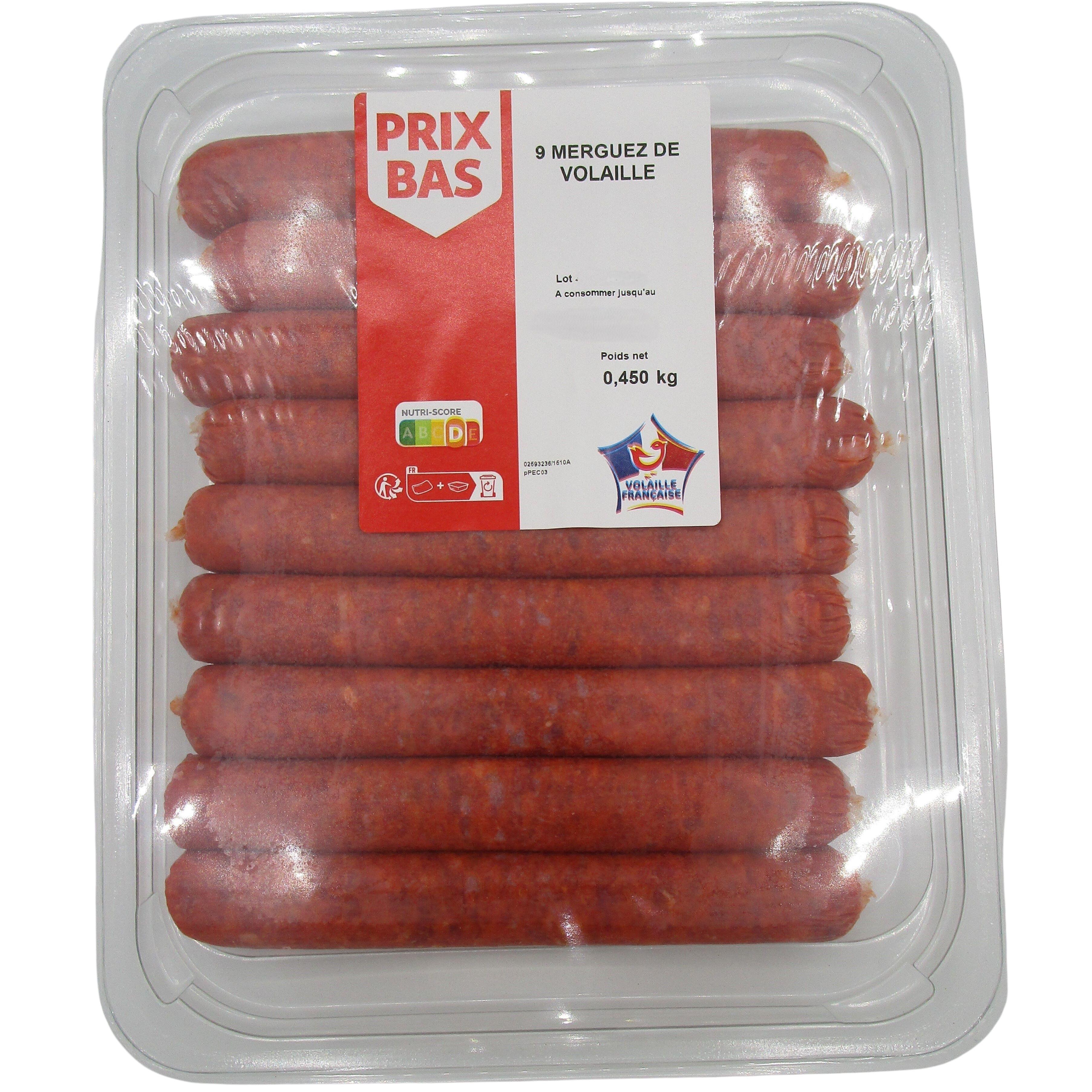 Voir la diapositive 2 : PRIX BAS Merguez de volaille 9 pièces 450g